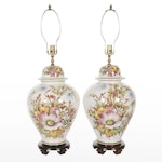 Pair of Signed Hand-Painted Porcelain Ginger Jar Table Lamps, Late 20th Century