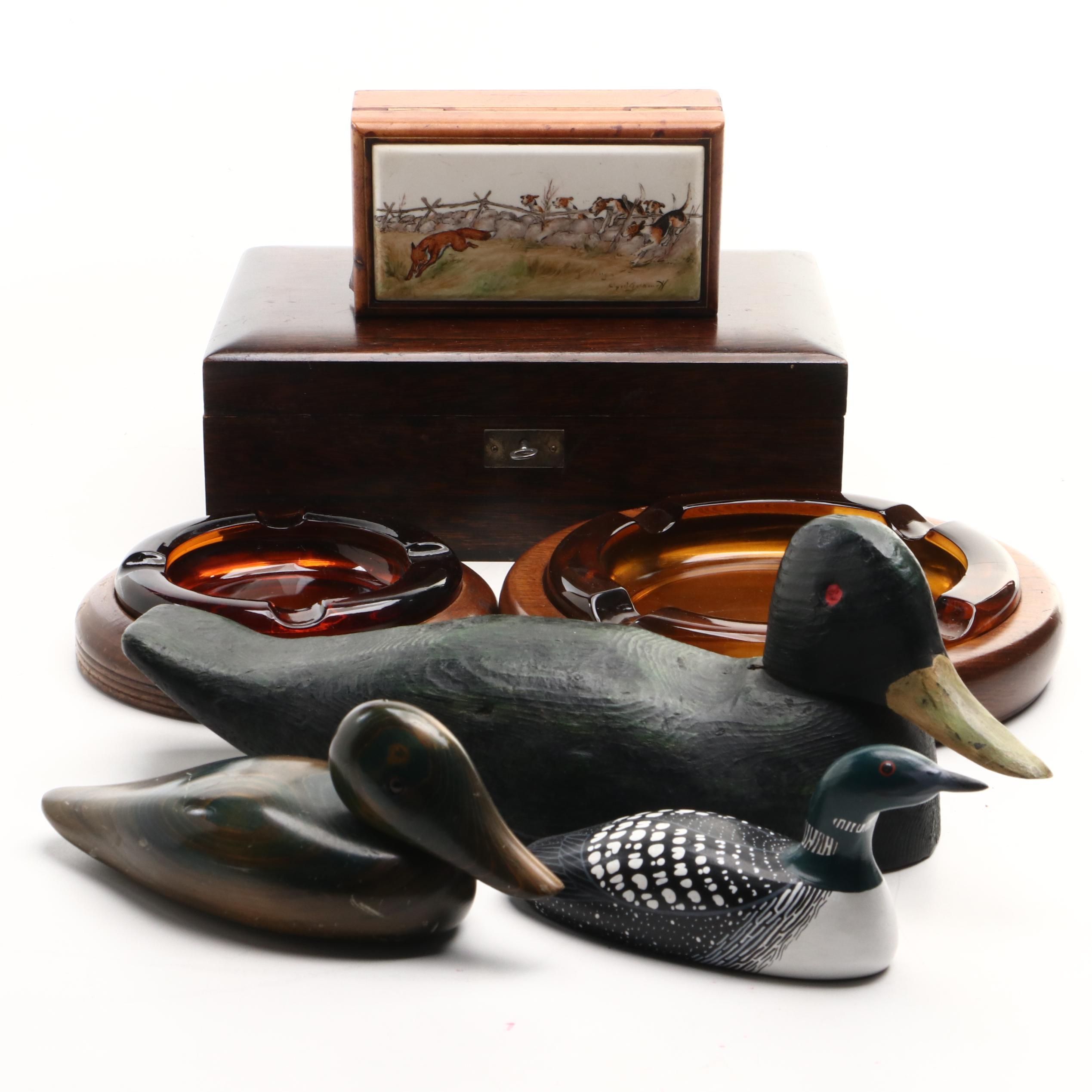 Victorian Rosewood Lock Box, Keepsake Box with Signed Hunting Scene, and More