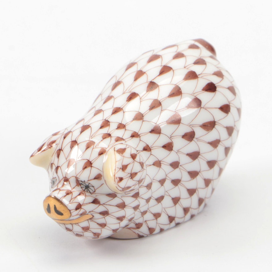 Herend Chocolate Fishnet with Gold "Portly Pig" Porcelain Figurine