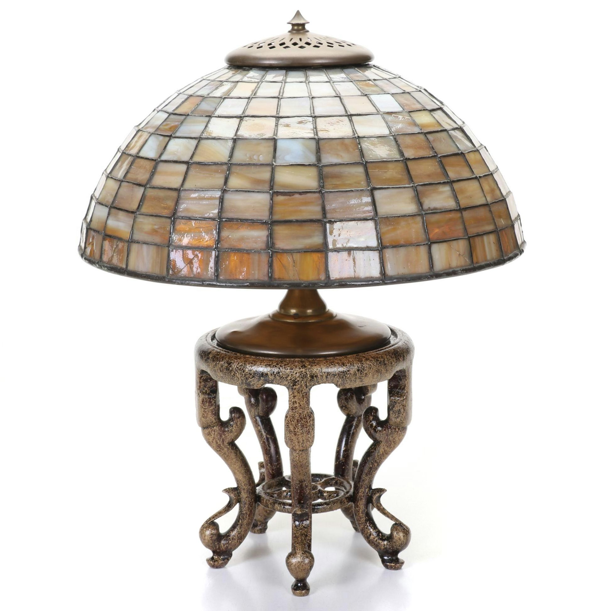 Late Victorian Slag Glass Shade and Partial Lamp Base with Stand, Early 20th C