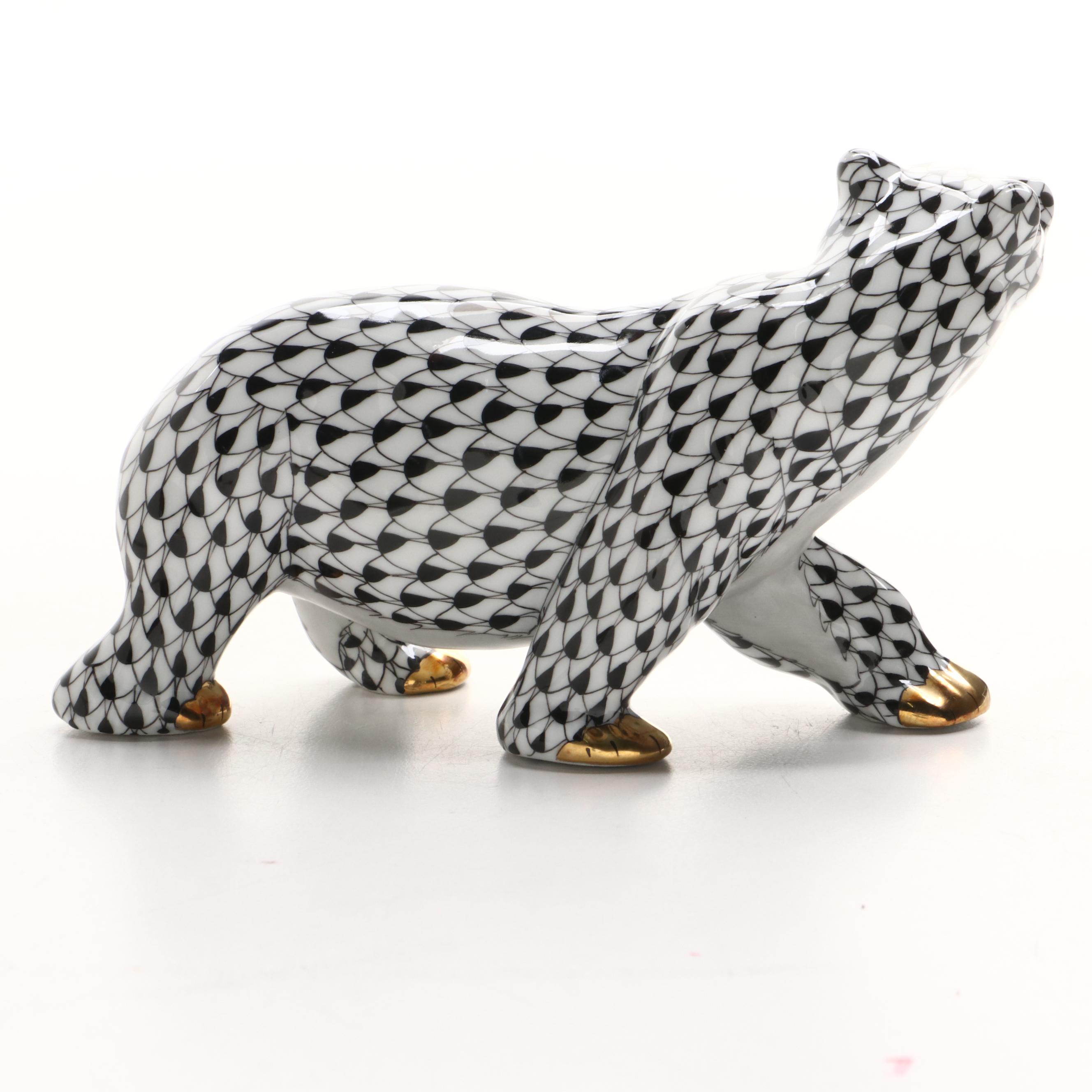 Herend Black Fishnet with Gold "Polar Bear" Porcelain Figurine