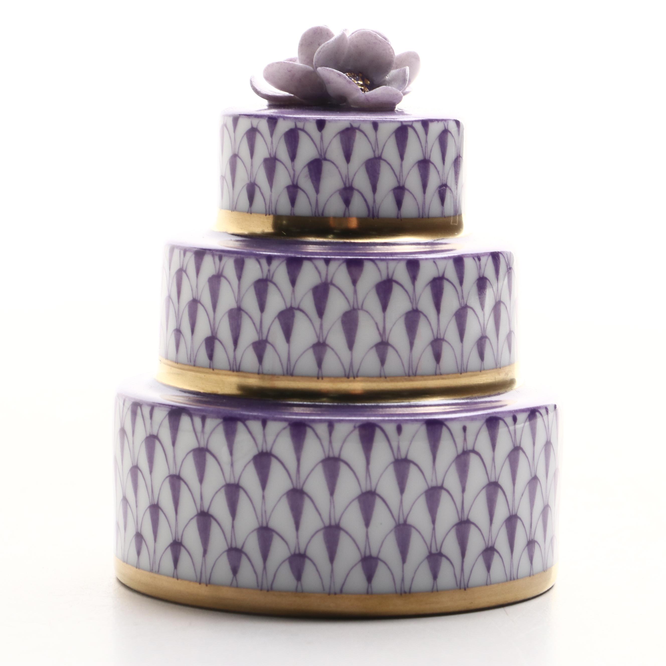 Herend Lavender Fishnet with Gold Wedding Cake Porcelain Figurine