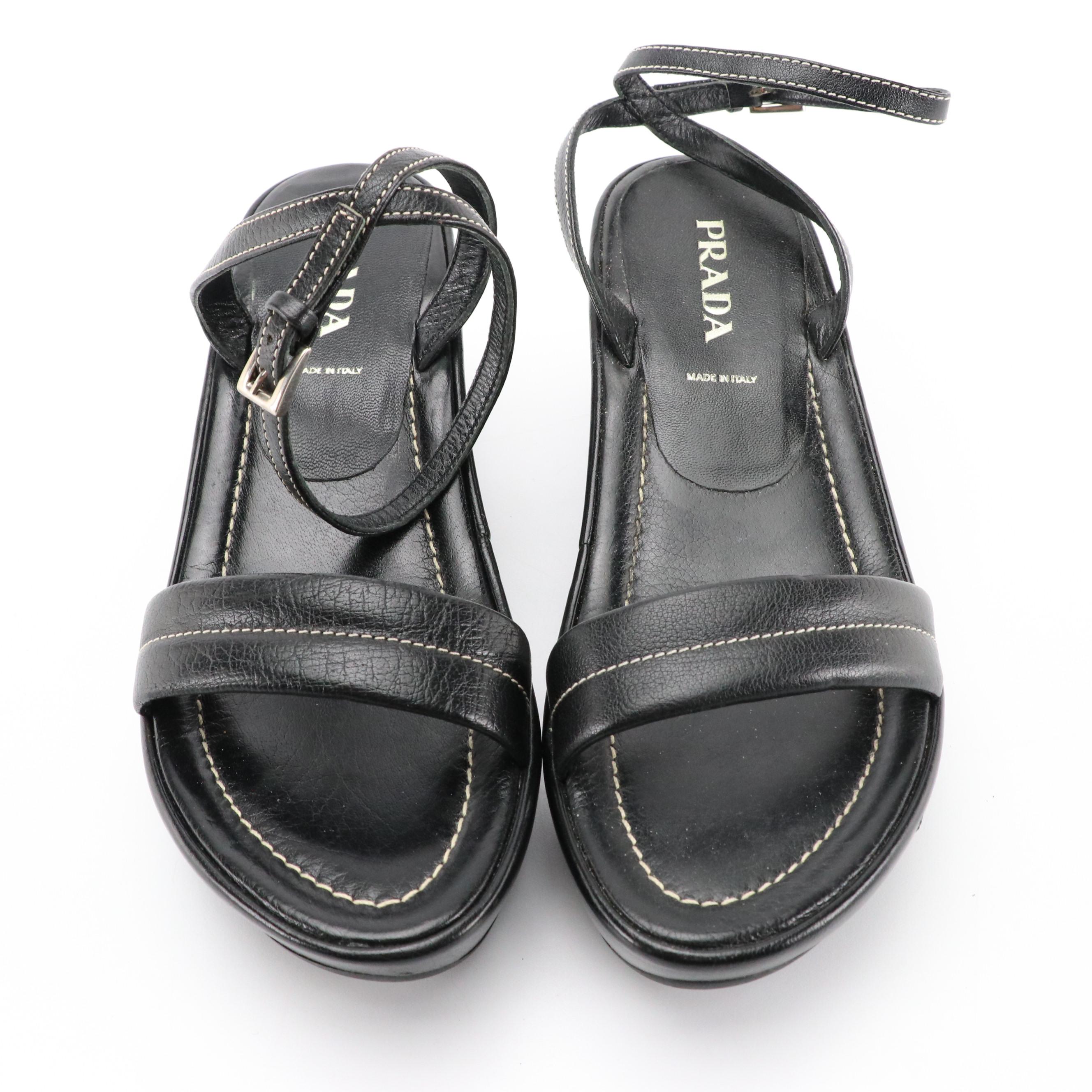 Prada Black Leather Ankle Strap Wedges, 1990s