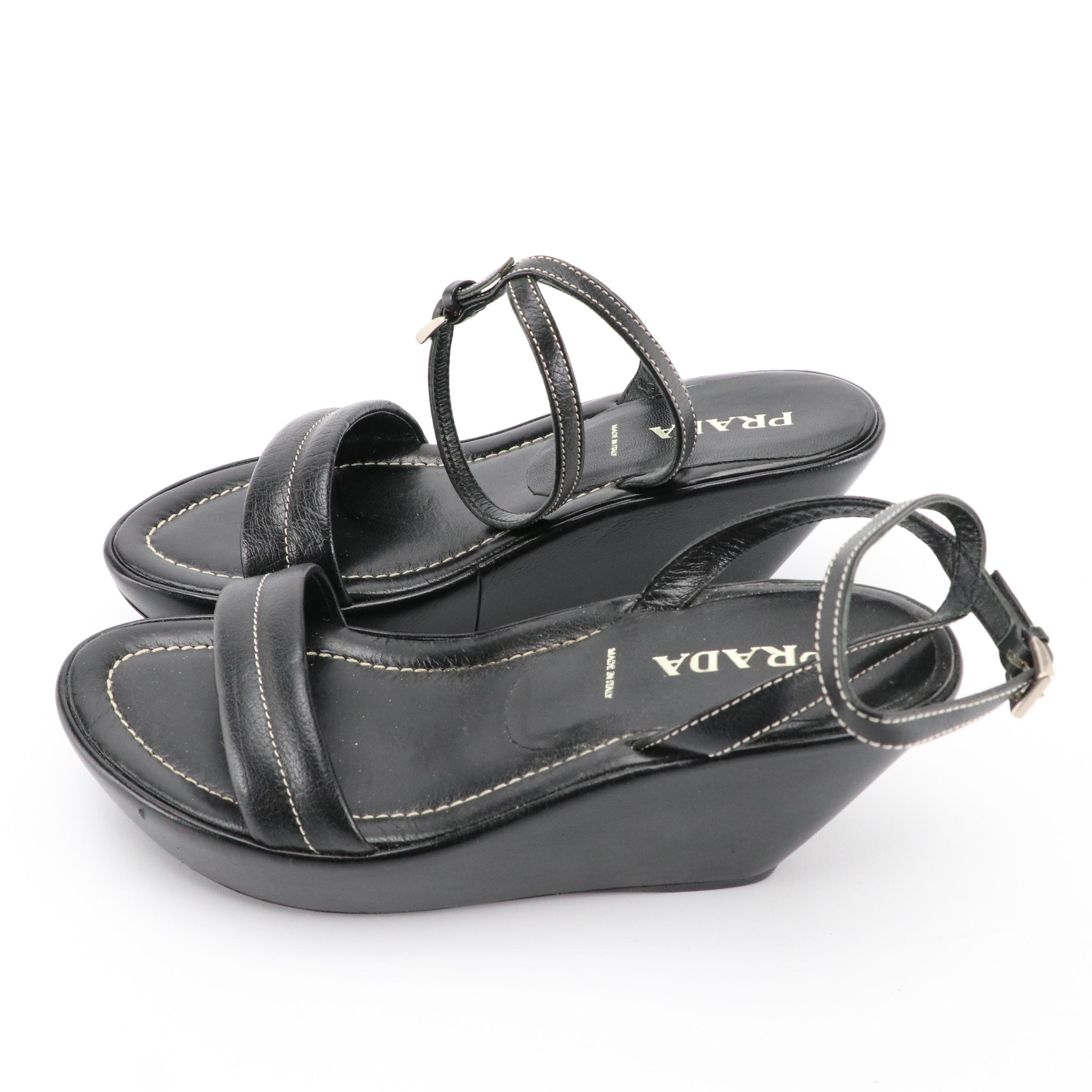 Prada Black Leather Ankle Strap Wedges, 1990s
