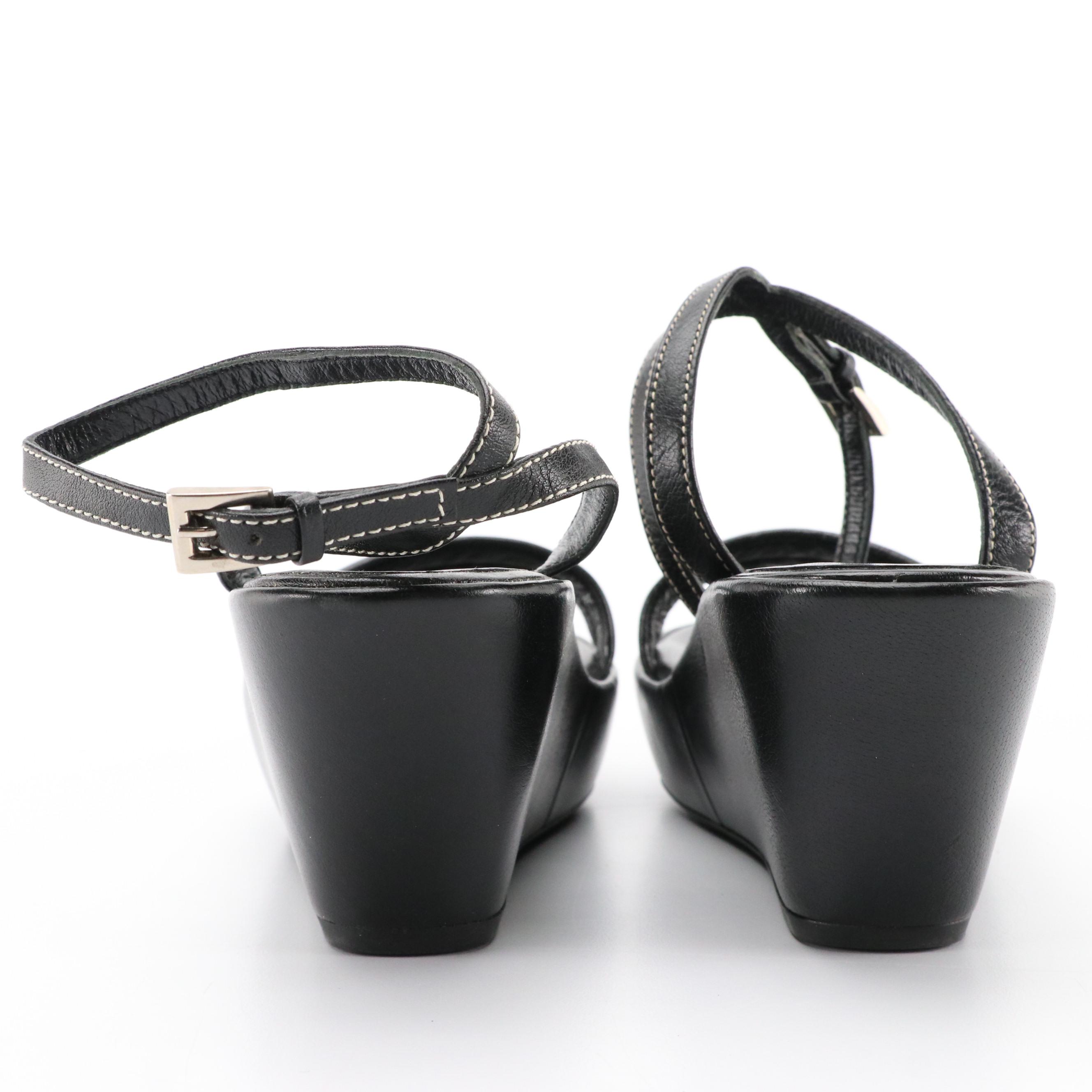 Prada Black Leather Ankle Strap Wedges, 1990s