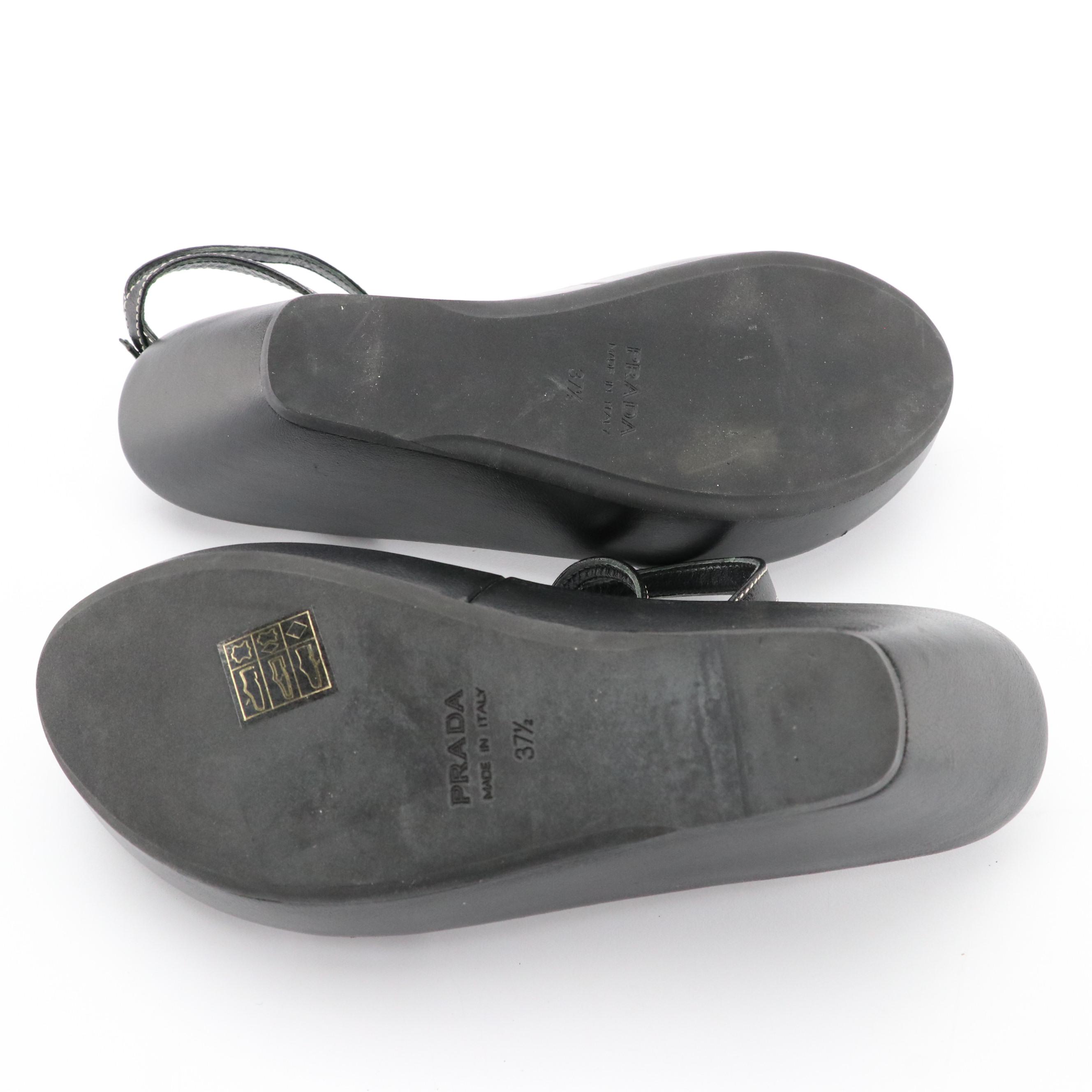 Prada Black Leather Ankle Strap Wedges, 1990s