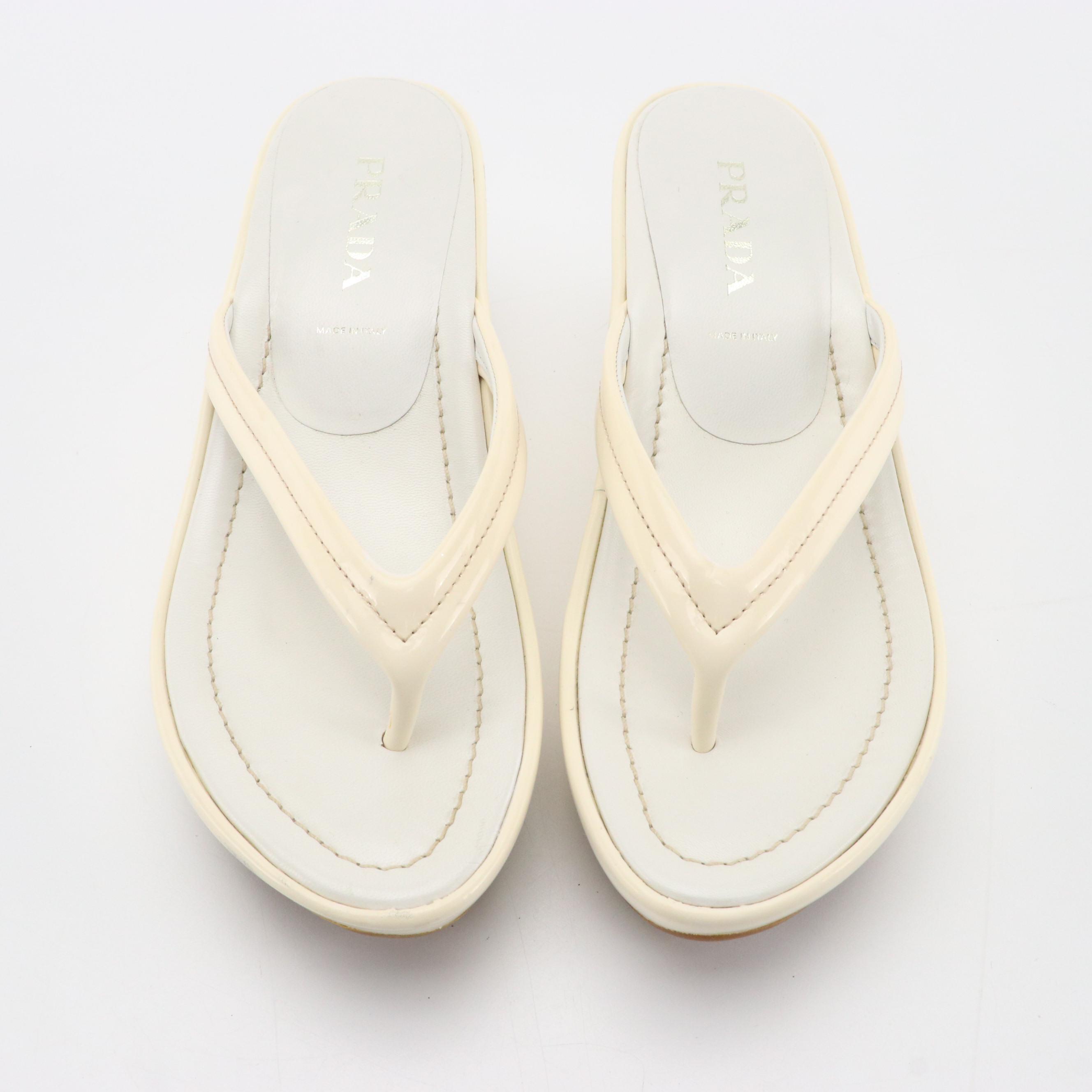 Prada White Leather Flip Flop Wedge Sandals, 1990s