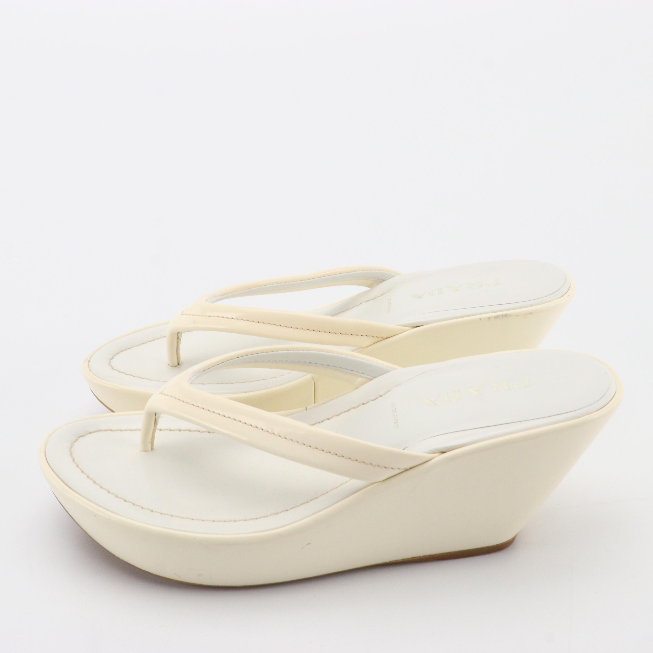 Prada White Leather Flip Flop Wedge Sandals, 1990s