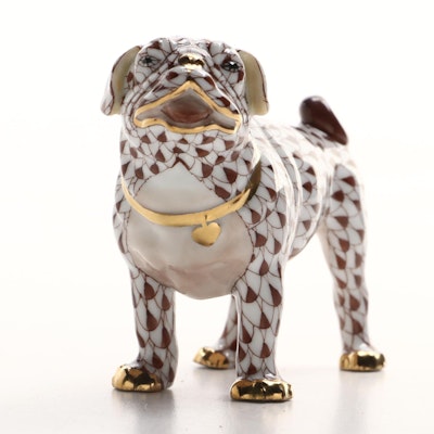 Herend Chocolate Fishnet With Gold "Bulldog" Porcelain Figurine
