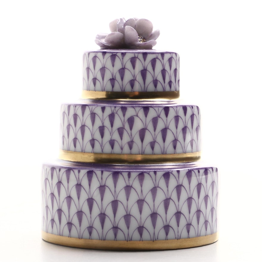 Herend Lavender Fishnet with Gold Wedding Cake Porcelain Figurine
