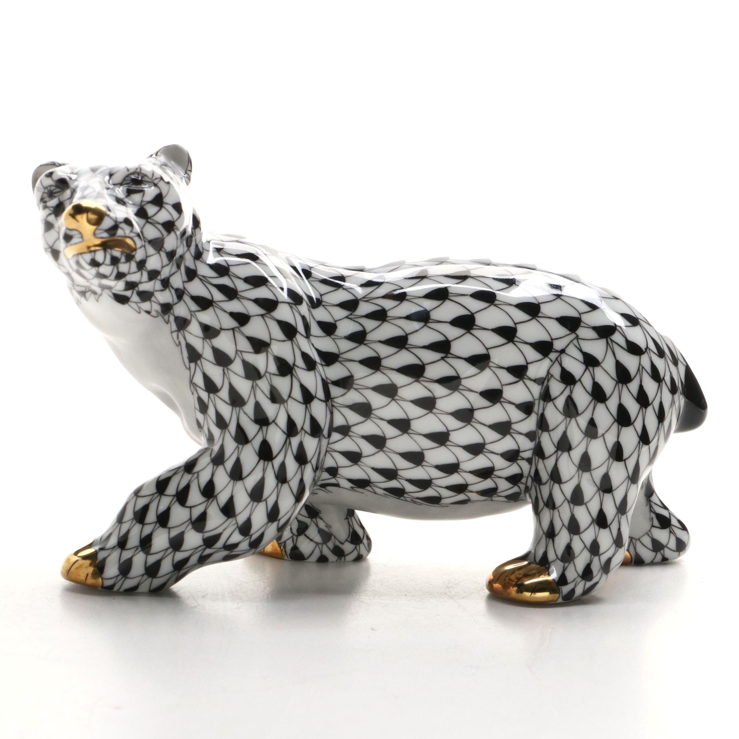 Herend Black Fishnet with Gold "Polar Bear" Porcelain Figurine