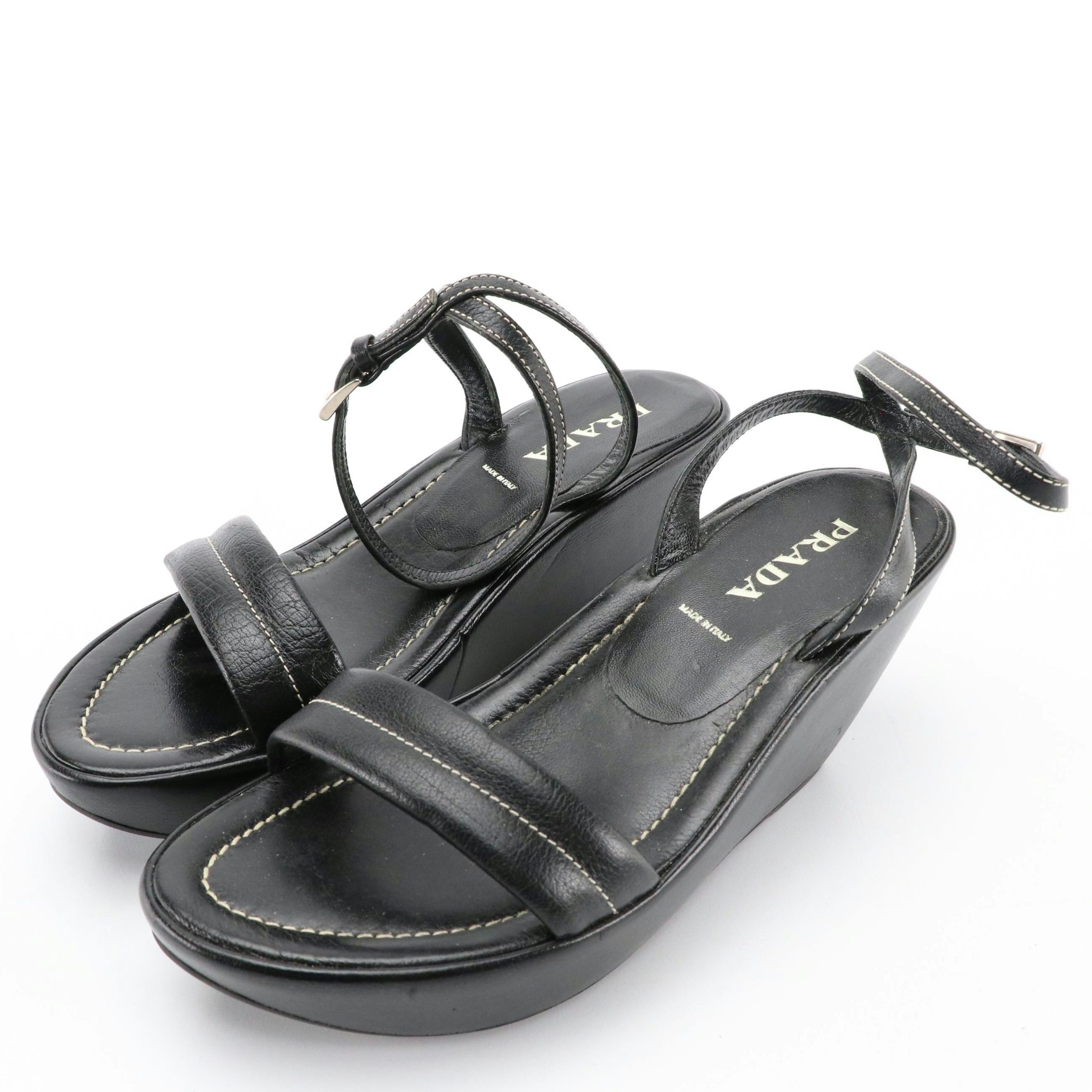 Prada Black Leather Ankle Strap Wedges, 1990s