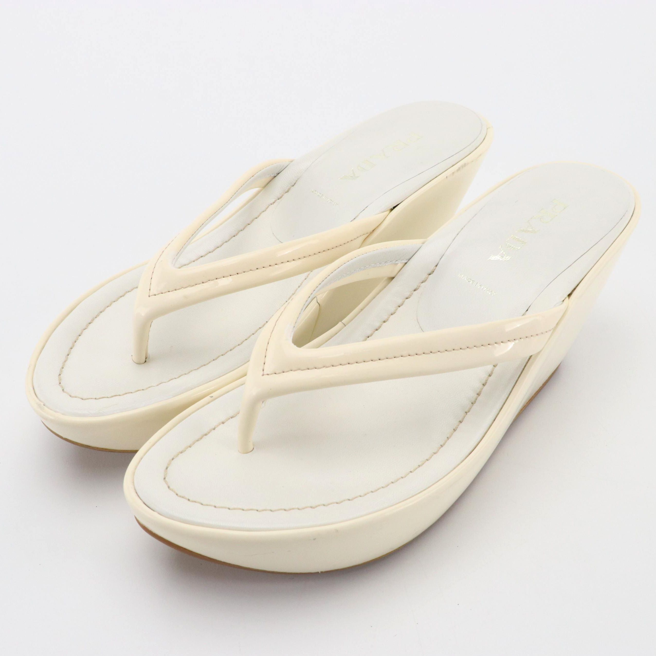 Prada White Leather Flip Flop Wedge Sandals, 1990s