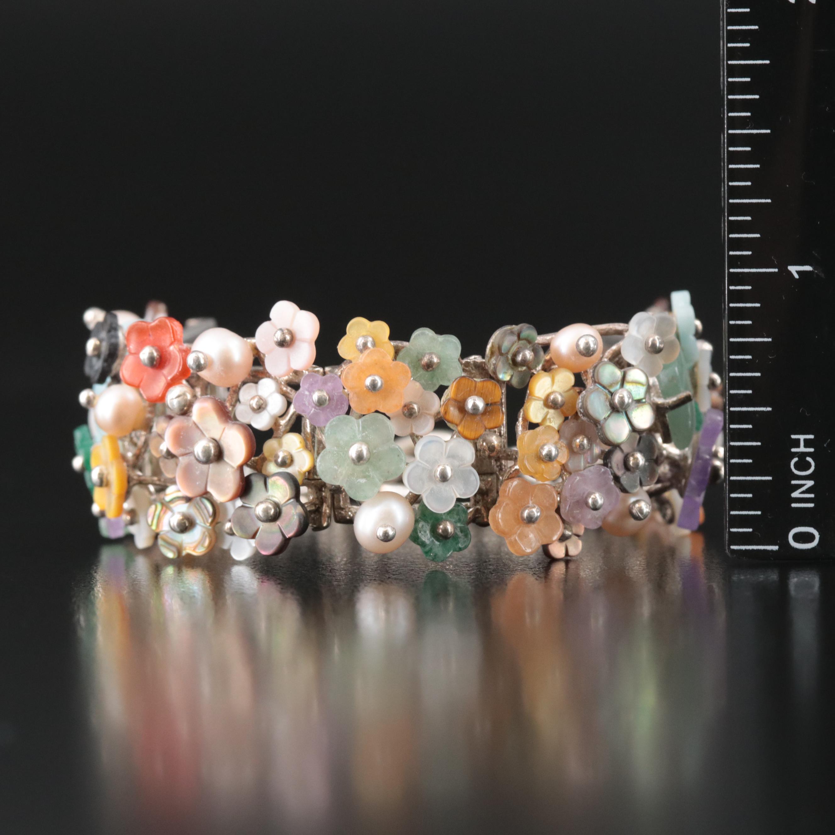 Sterling Tiger's Eye, Aventurine and Pearl Floral Bracelet