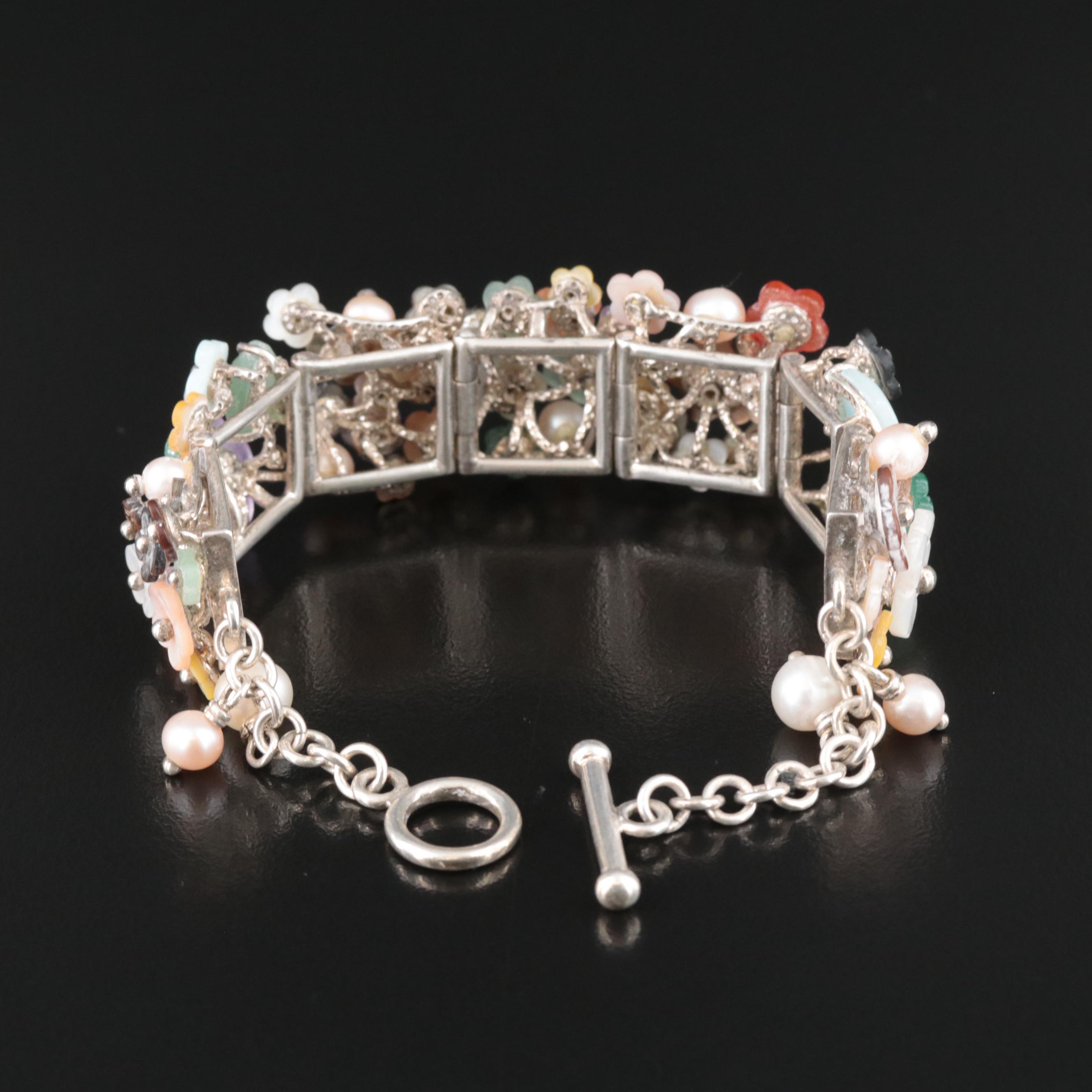 Sterling Tiger's Eye, Aventurine and Pearl Floral Bracelet