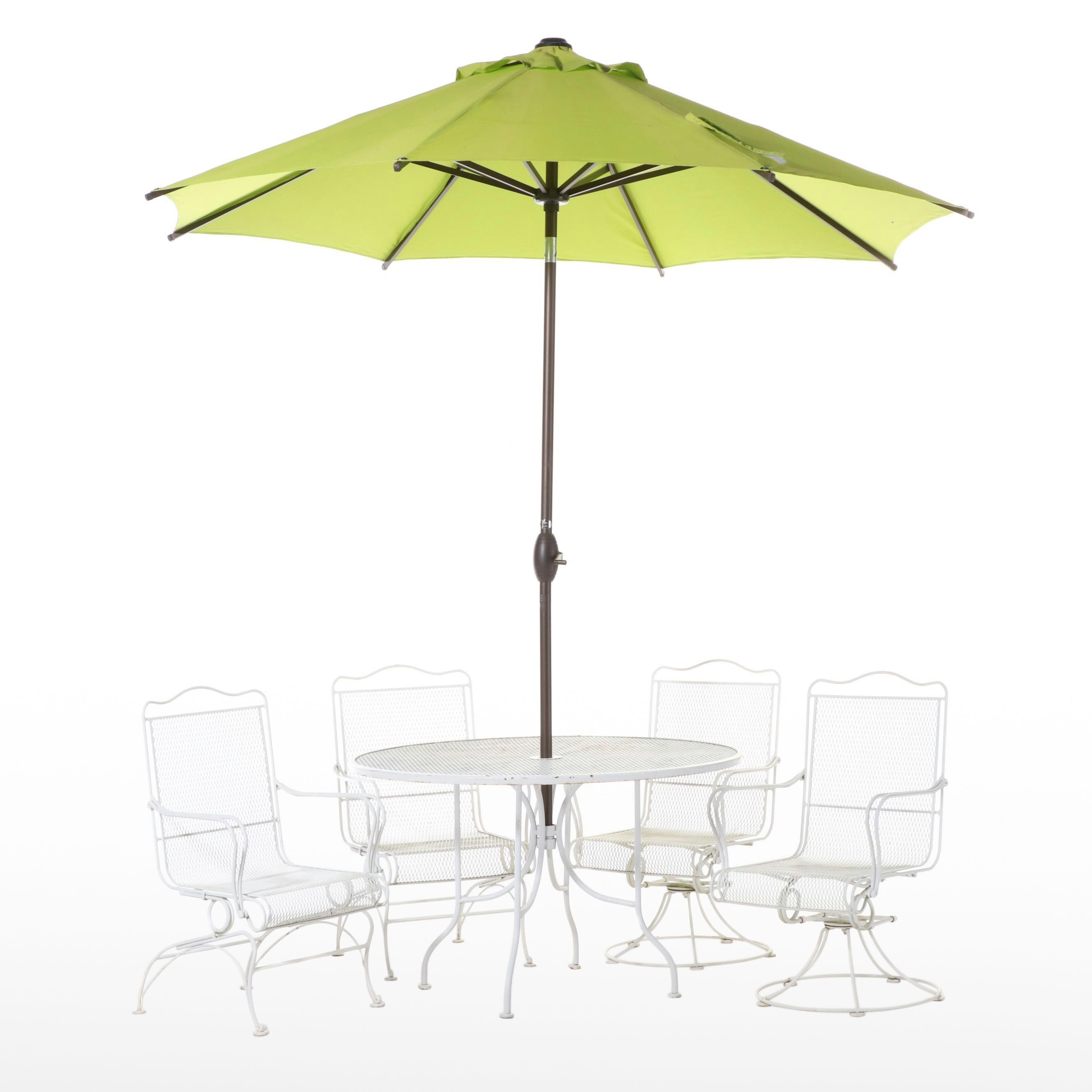 Five-Piece Painted Iron and Wire Mesh Patio Dining Set with Abba Patio Umbrella