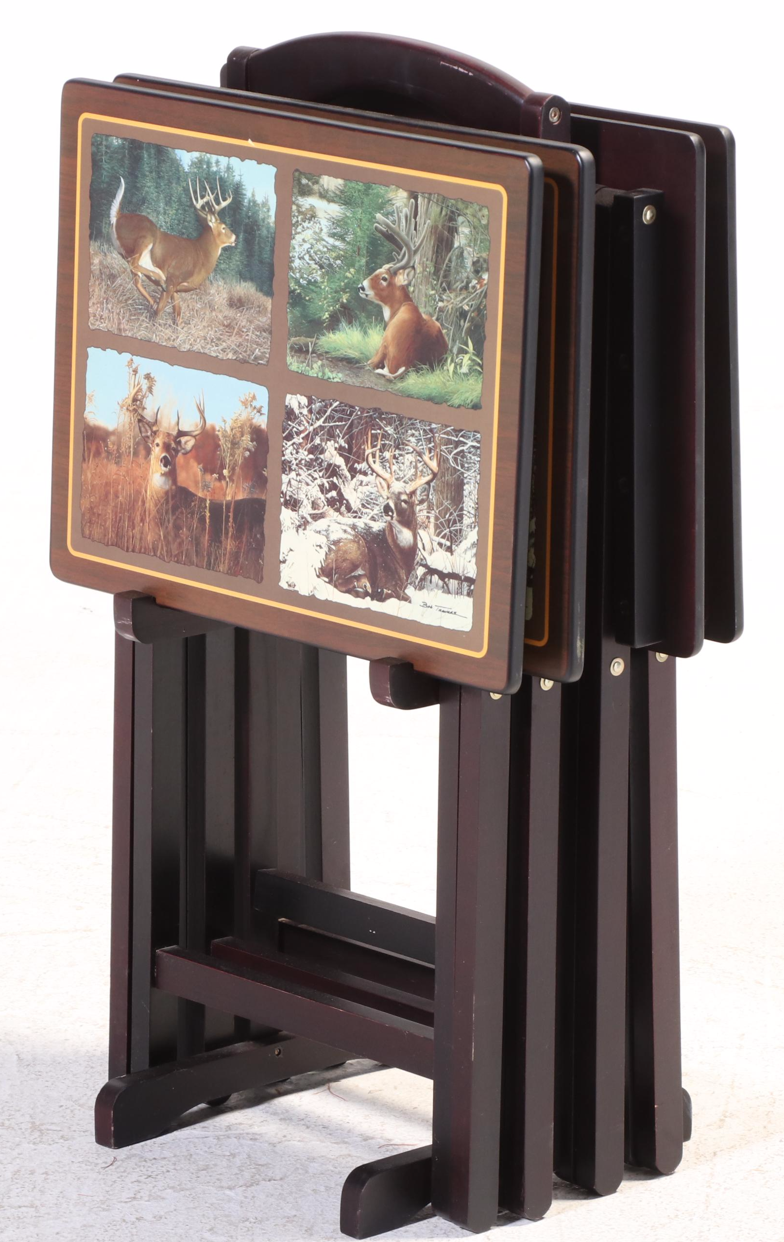 Set of Four Danbury Mint "White-Tailed Deer" Tray Tables with Stand