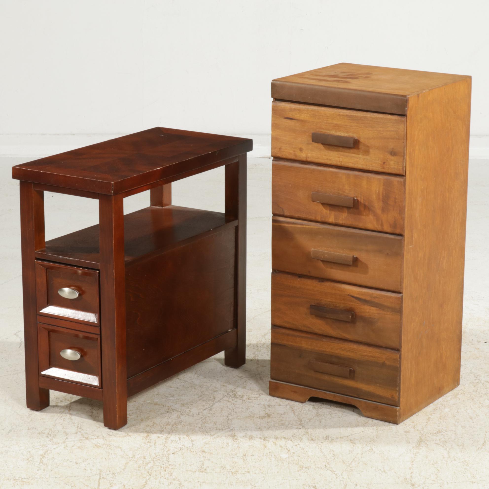 Campaign Style Five-Drawer Wooden Chest with Contemporary One-Drawer End Table