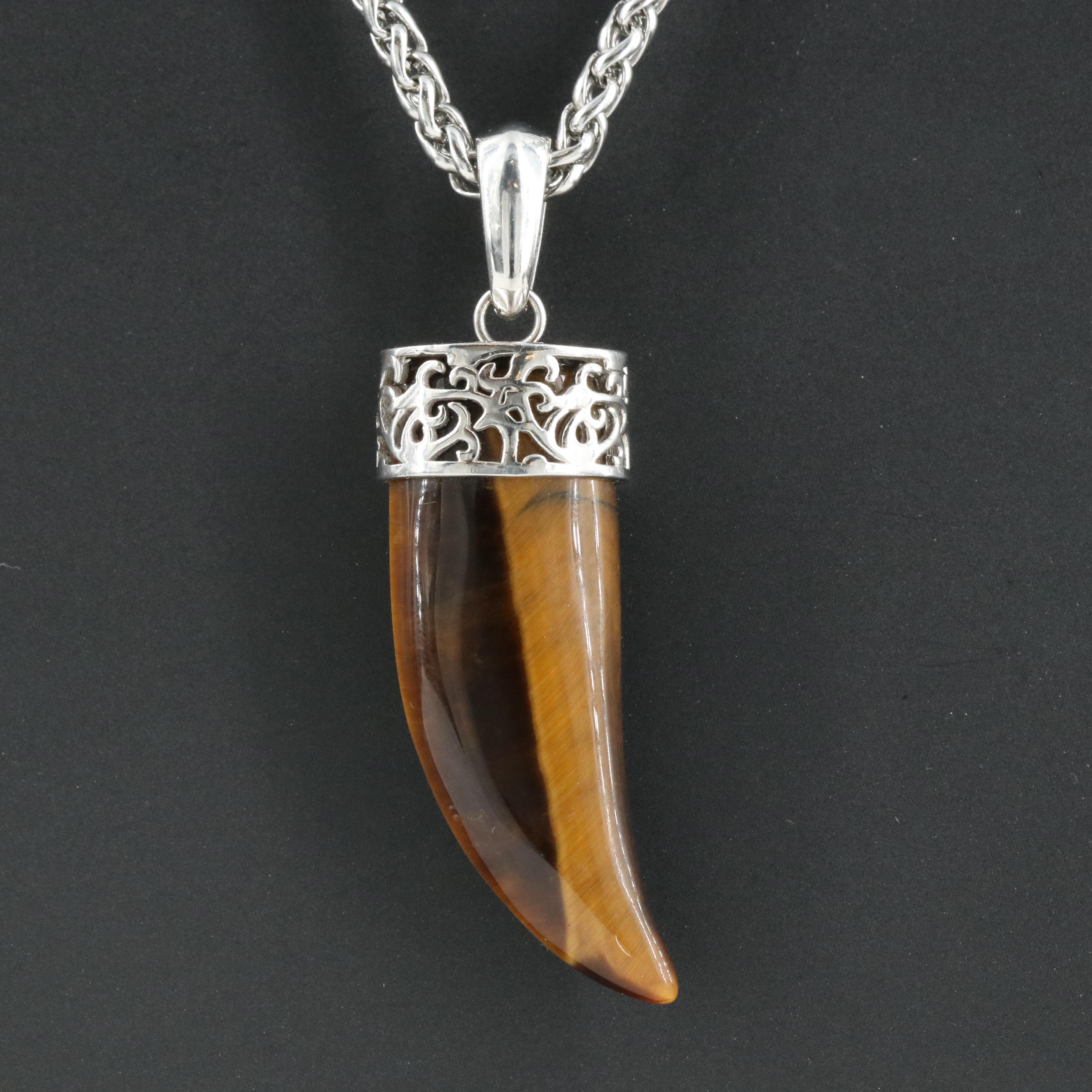 Stainless Steel Tiger's Eye Claw Pendant Necklace
