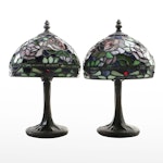 Pair of Floral Slag Glass and Cast Metal Table Lamps, Contemporary