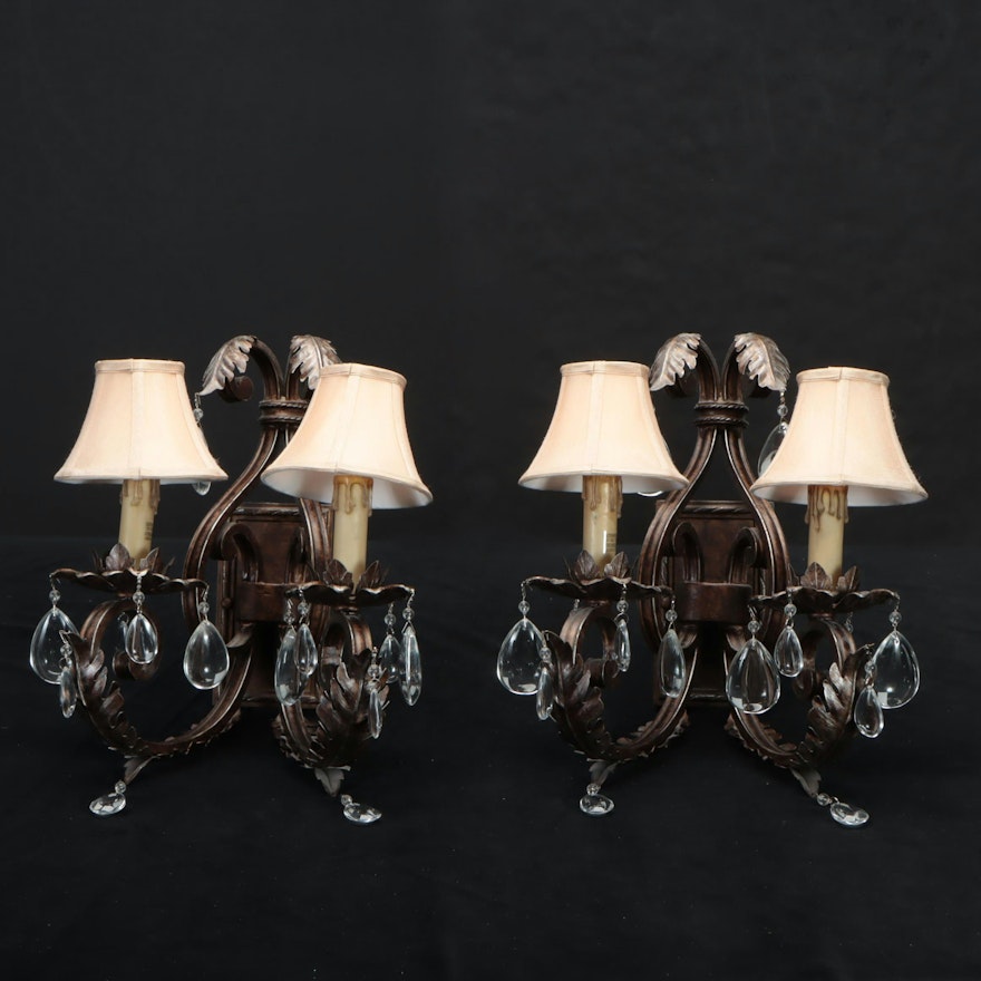 Pair of Oil Rubbed Bronze Dual Arm Wall Candlestick Sconces with Shades