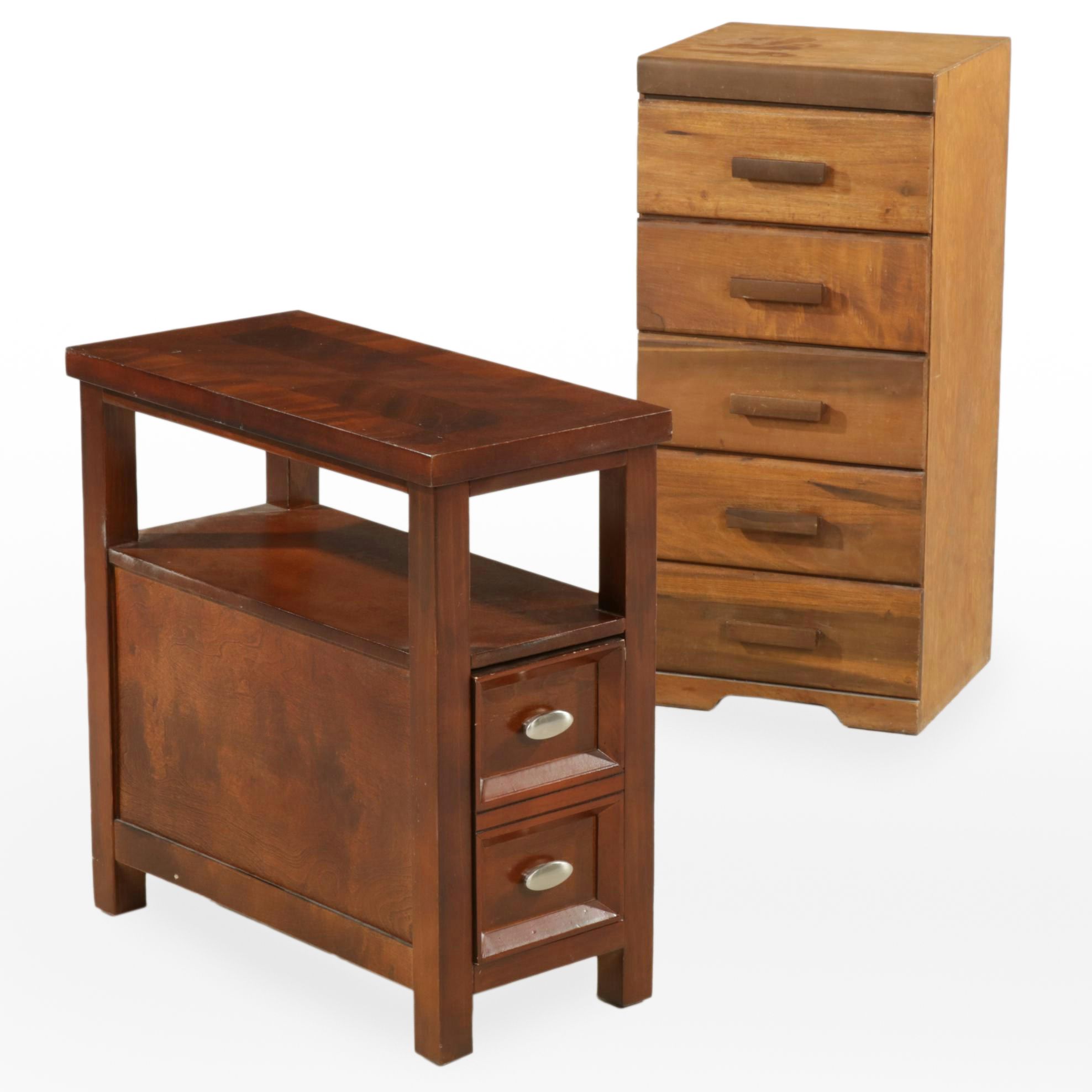 Campaign Style Five-Drawer Wooden Chest with Contemporary One-Drawer End Table