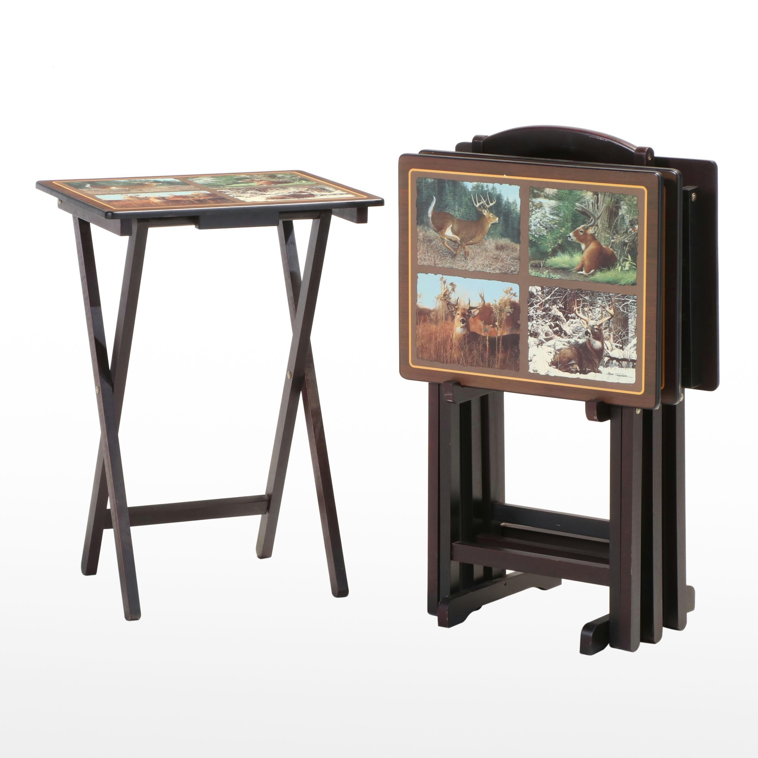 Set of Four Danbury Mint "White-Tailed Deer" Tray Tables with Stand