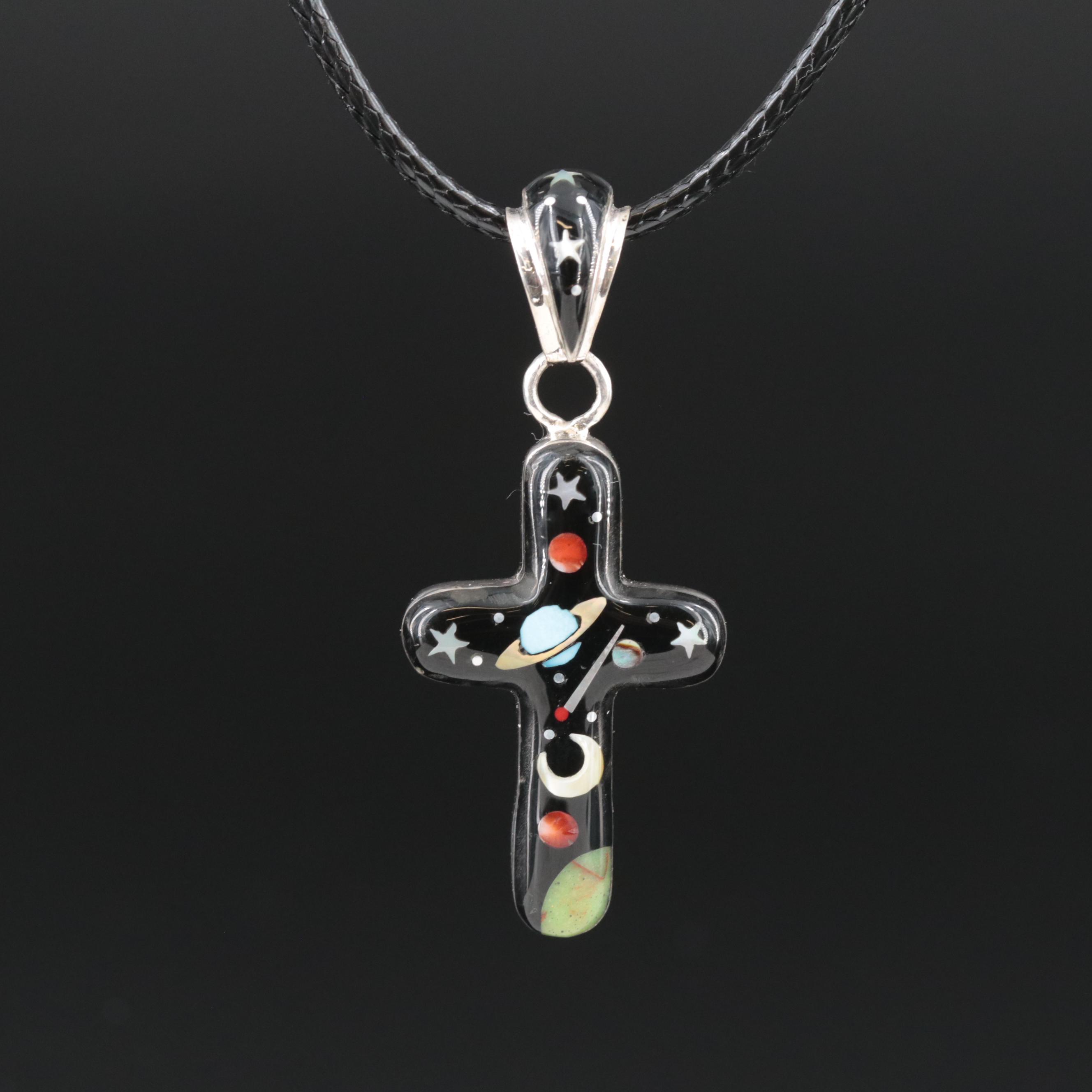 Southwestern Sterling Inlay Galaxy Cross Pendant Necklace Including Abalone