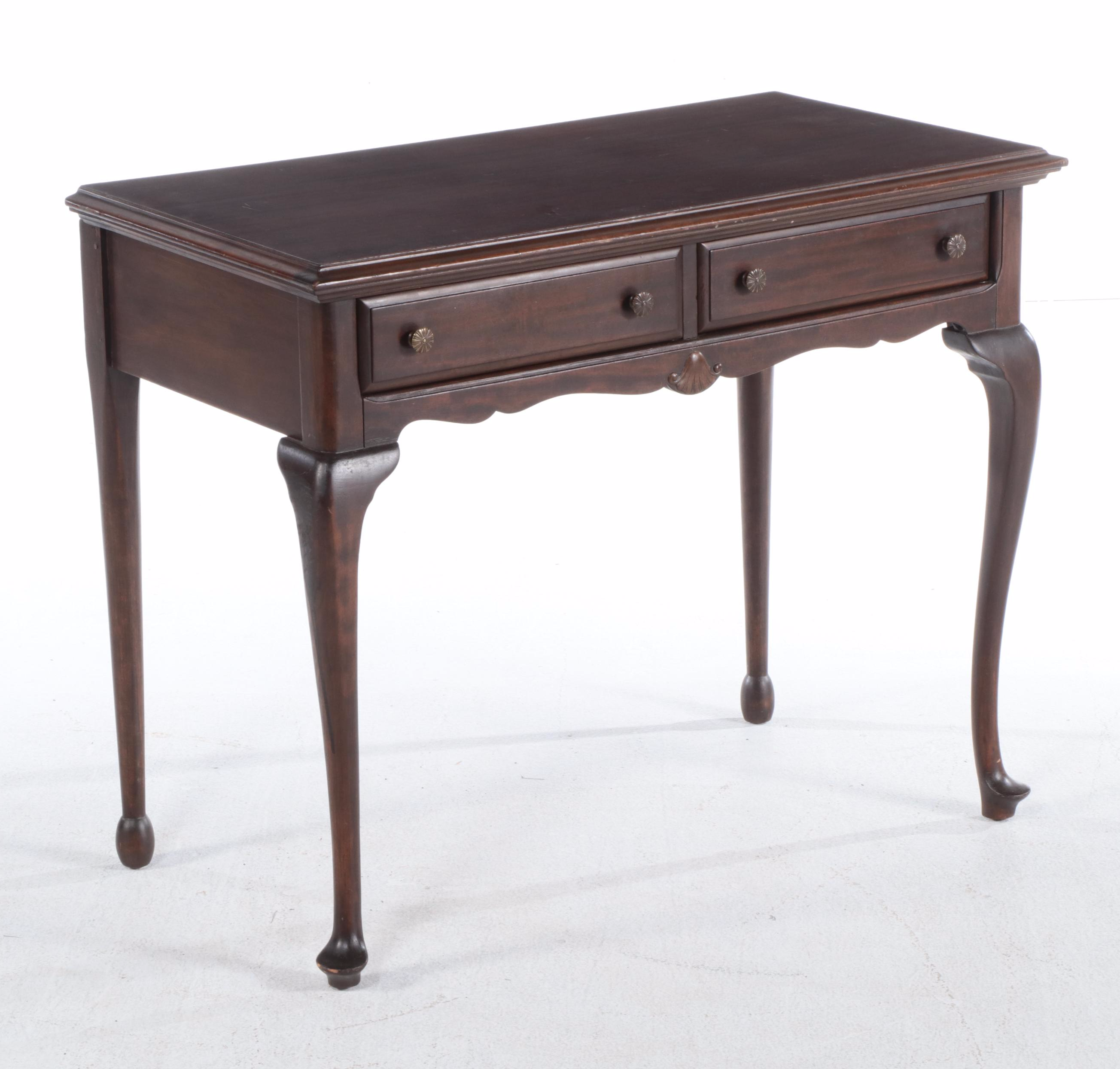 Queen Anne Style Two-Drawer Desk with Needlepoint Upholstered Chair, 20th C.