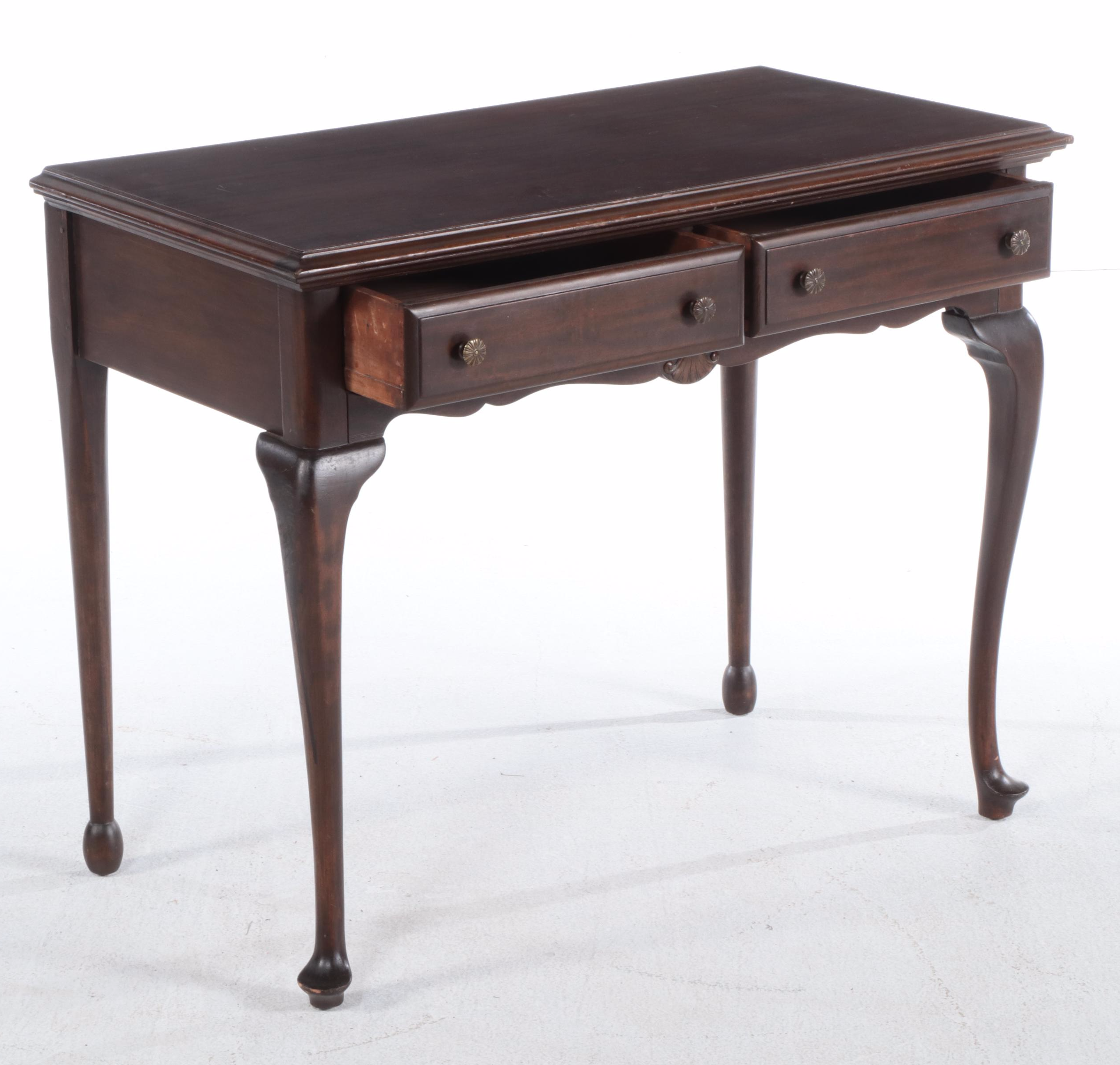 Queen Anne Style Two-Drawer Desk with Needlepoint Upholstered Chair, 20th C.