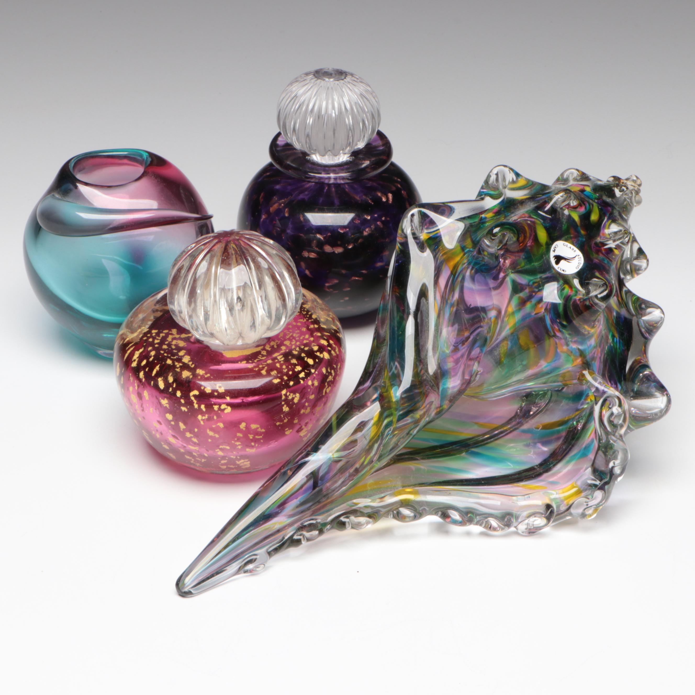 Studio Art Glass Perfume Bottles, Ball Vase, and Conch-Form Sculpture
