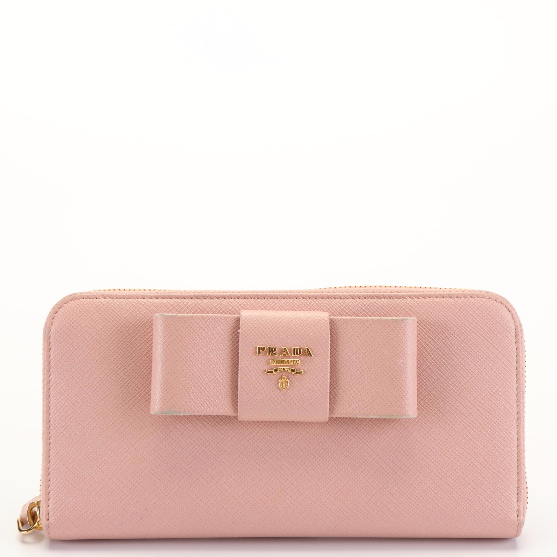 Prada Orchid Saffiano Leather Bow Zip Around Wallet