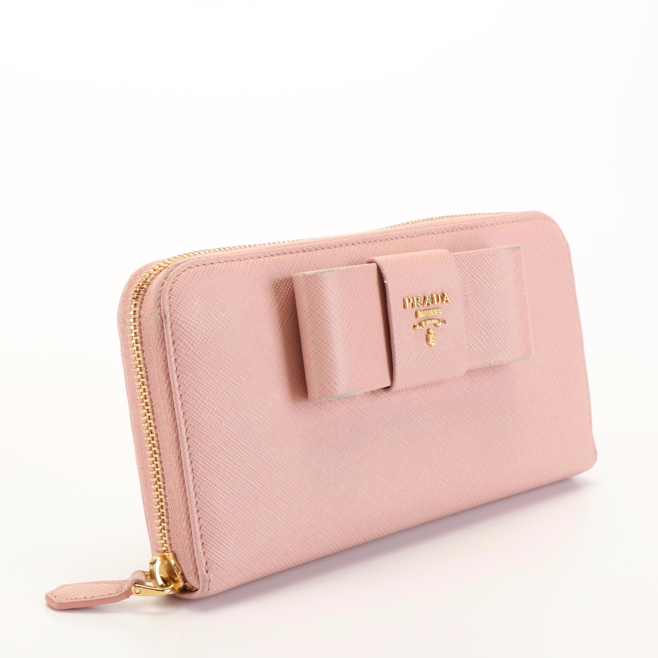 Prada Orchid Saffiano Leather Bow Zip Around Wallet