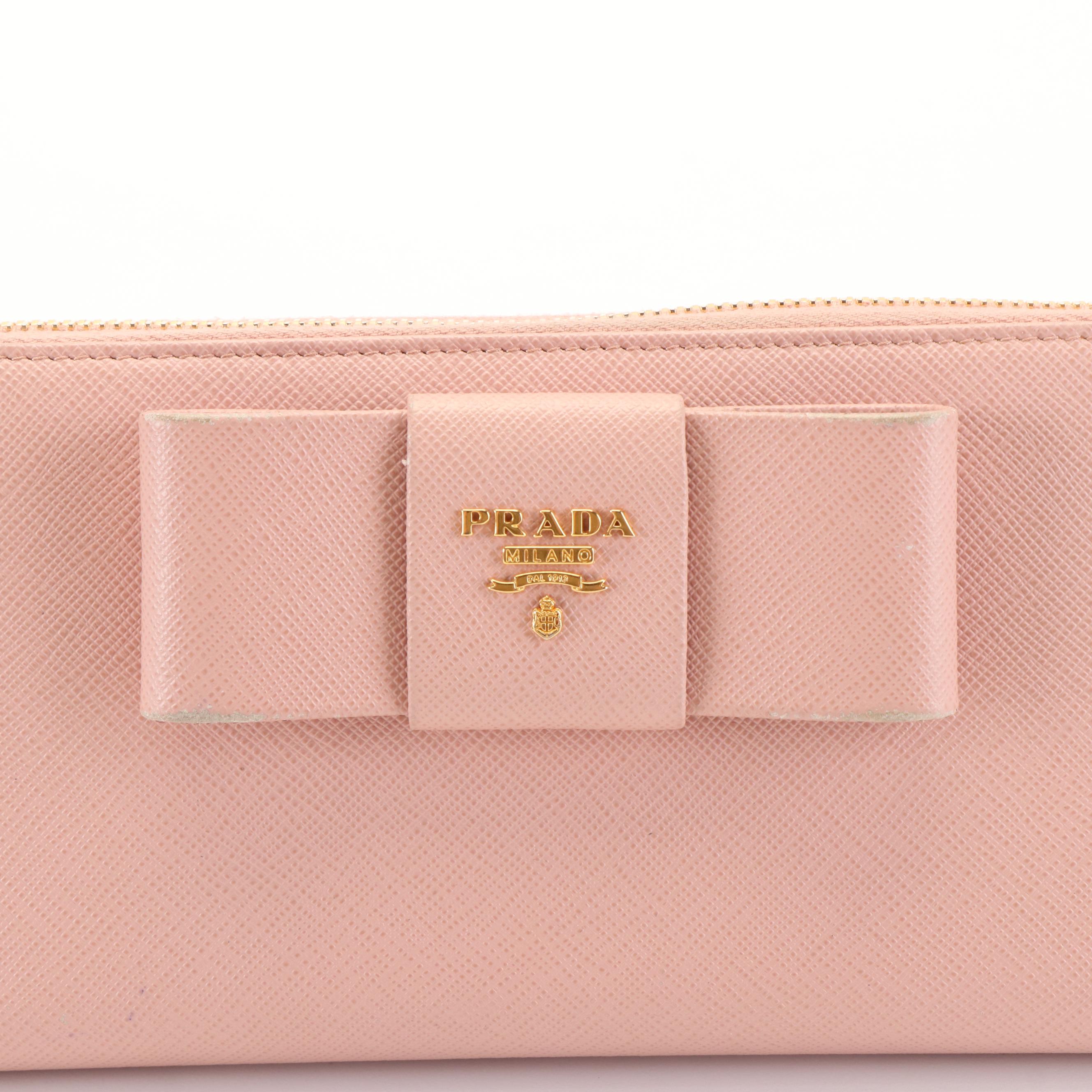 Prada Orchid Saffiano Leather Bow Zip Around Wallet