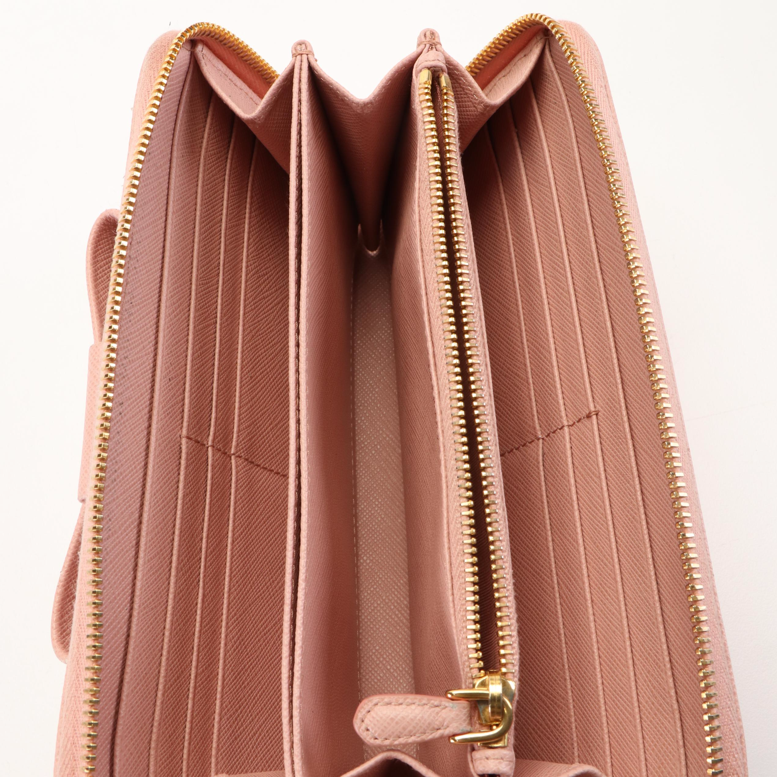 Prada Orchid Saffiano Leather Bow Zip Around Wallet
