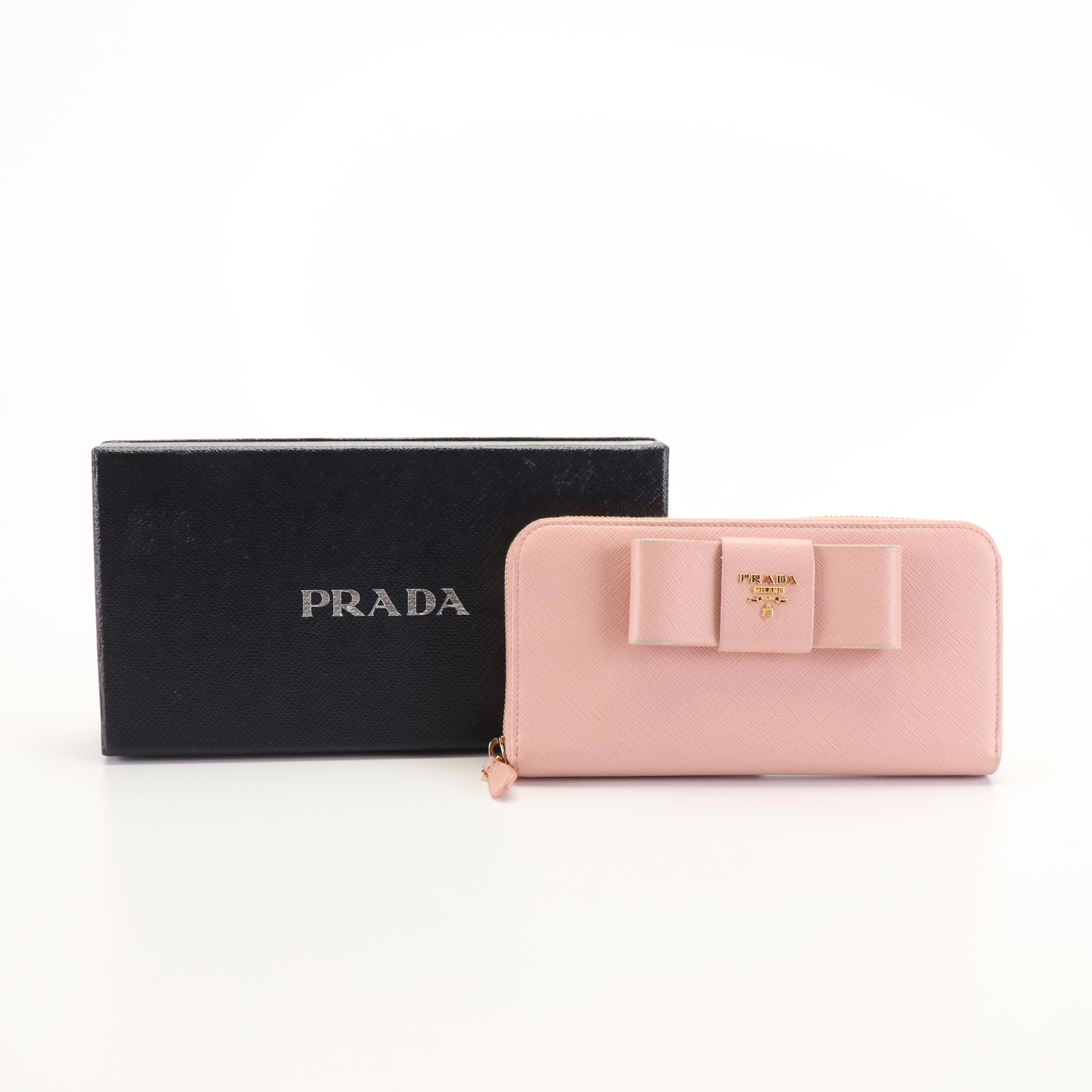 Prada Orchid Saffiano Leather Bow Zip Around Wallet