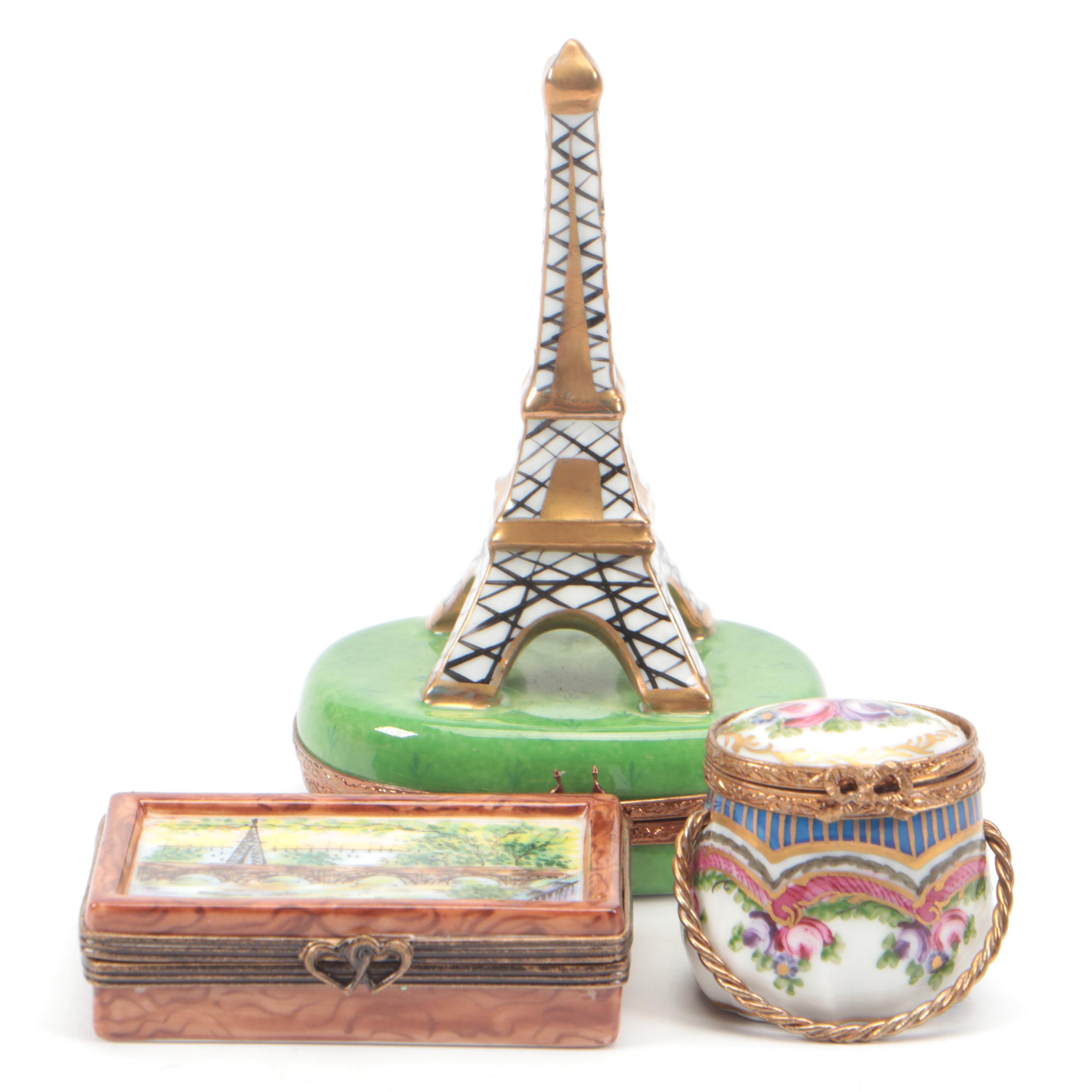 Limoges Hand-Painted Porcelain Boxes, Including Paris Cityscape Porcelain Puzzle