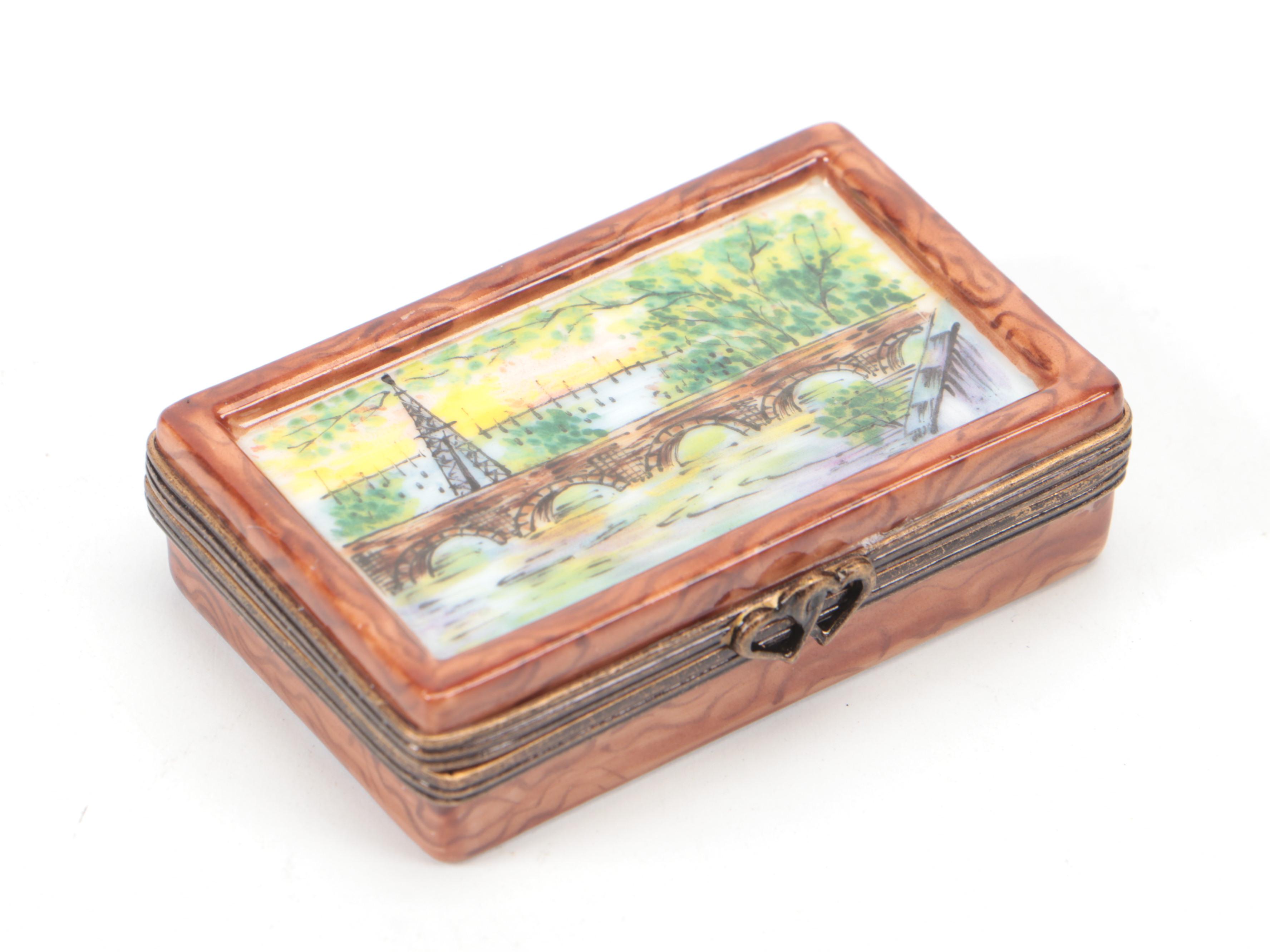 Limoges Hand-Painted Porcelain Boxes, Including Paris Cityscape Porcelain Puzzle