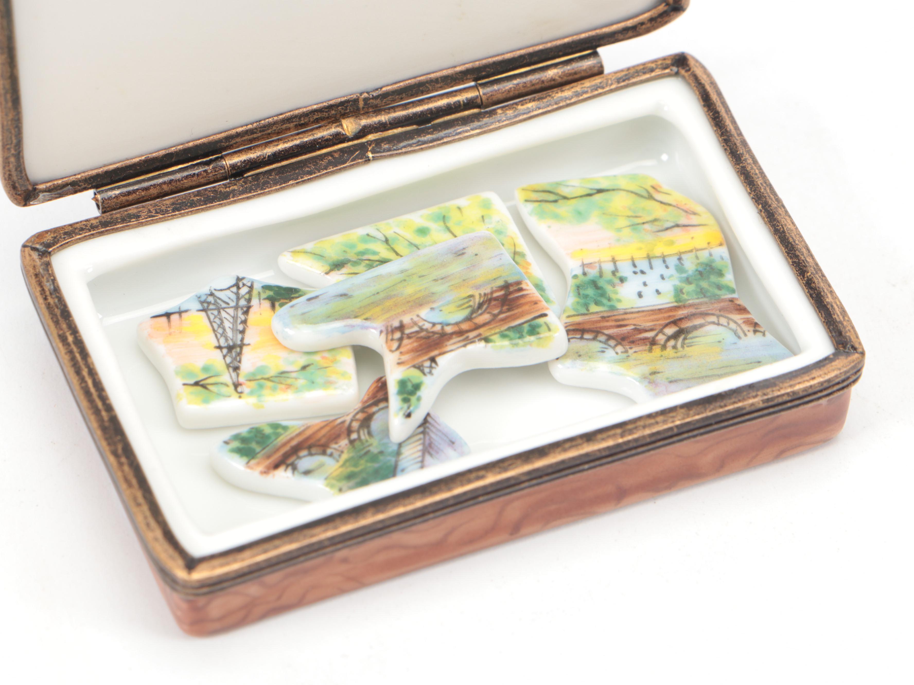 Limoges Hand-Painted Porcelain Boxes, Including Paris Cityscape Porcelain Puzzle