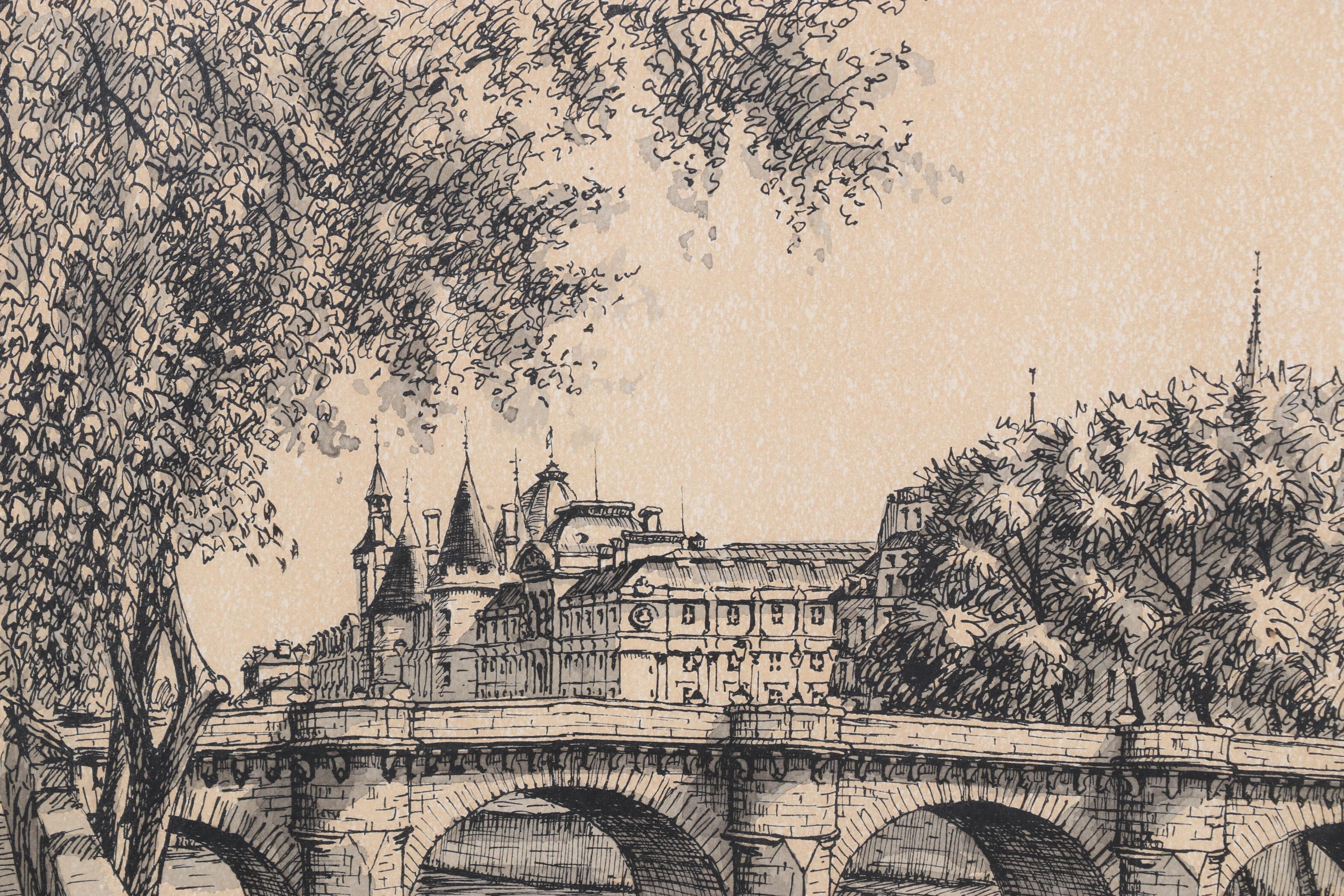 Waterfront Landscape Ink and Watercolor Drawing "Paris," 1978