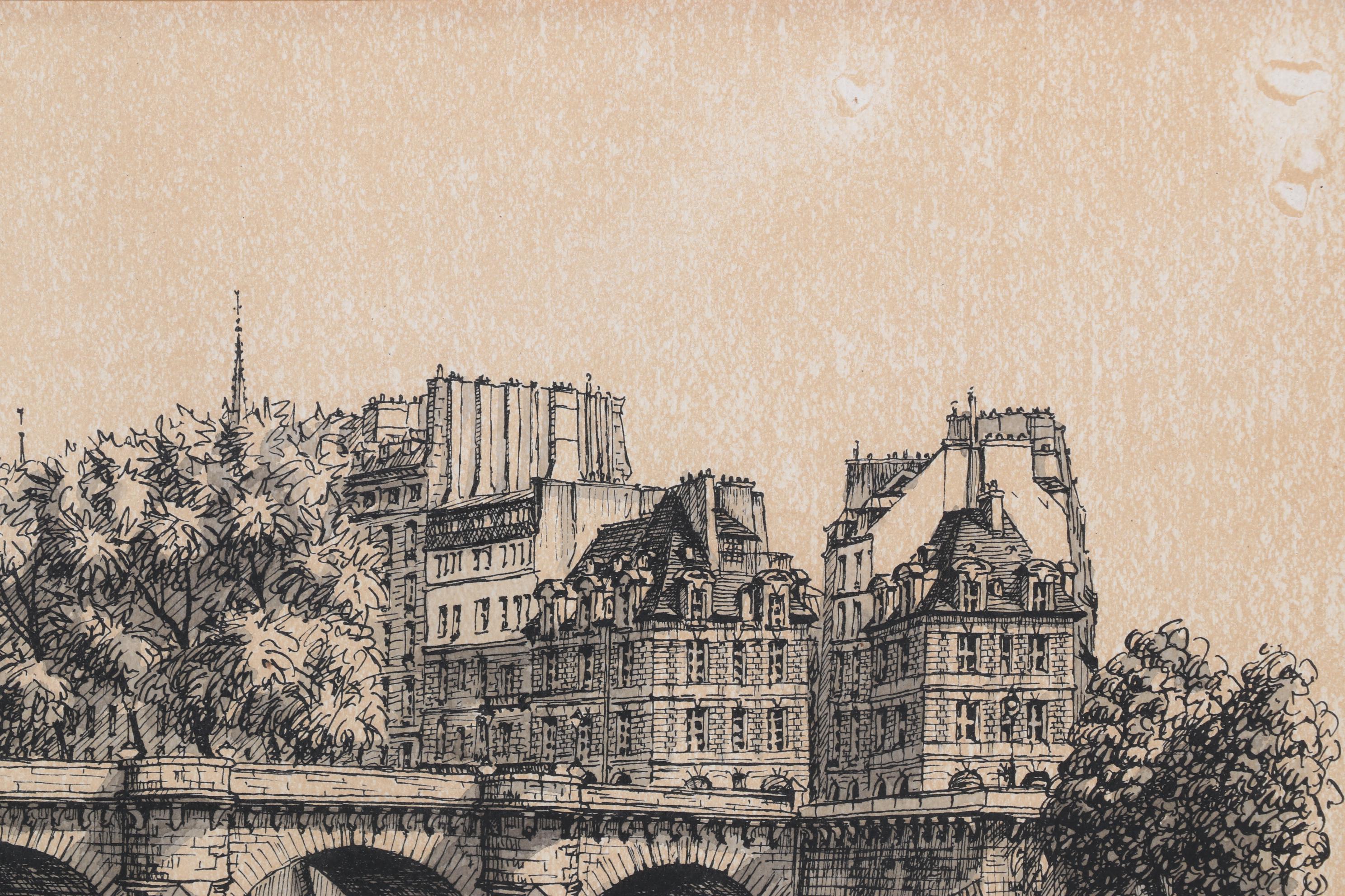 Waterfront Landscape Ink and Watercolor Drawing "Paris," 1978