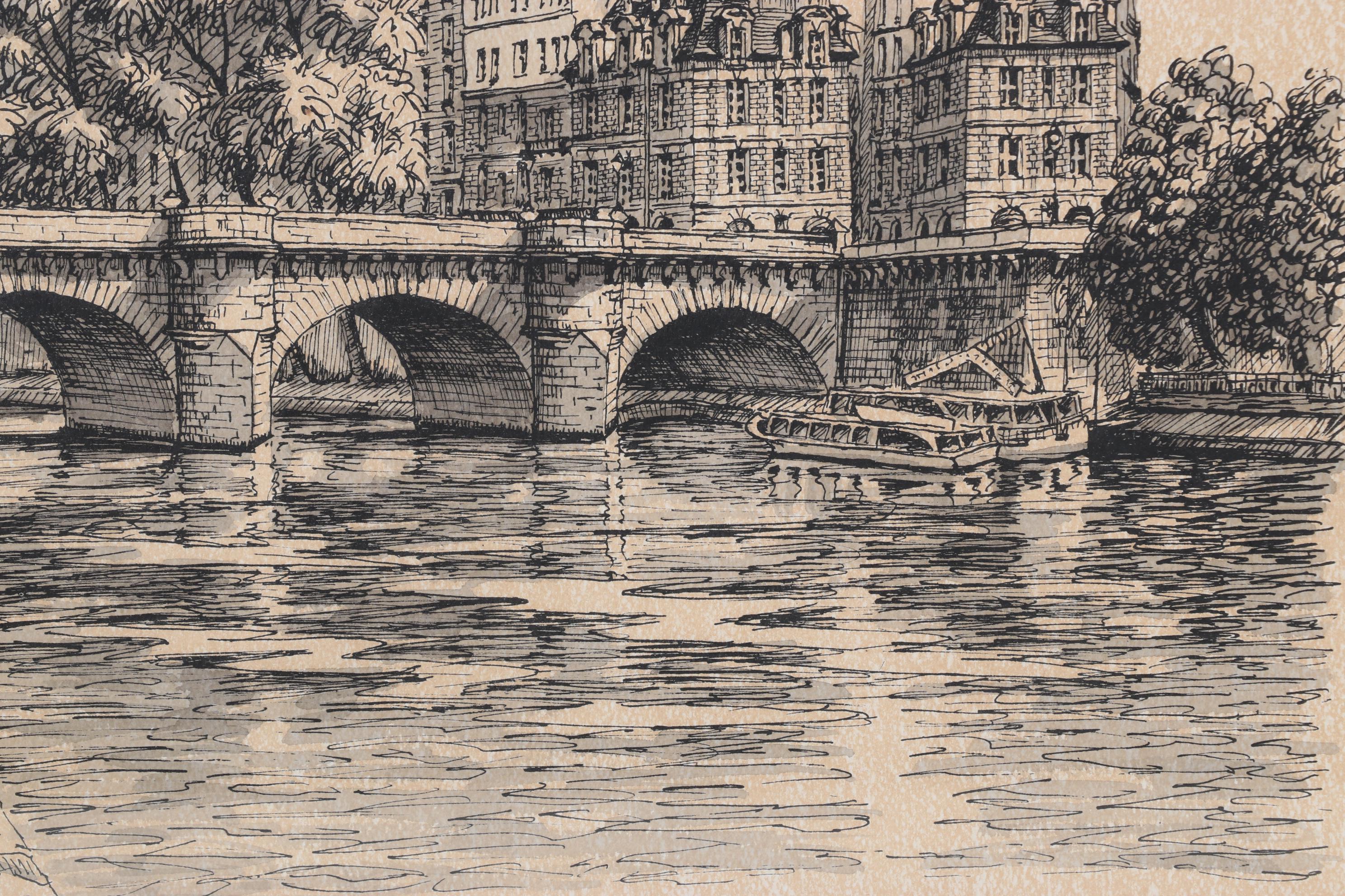 Waterfront Landscape Ink and Watercolor Drawing "Paris," 1978