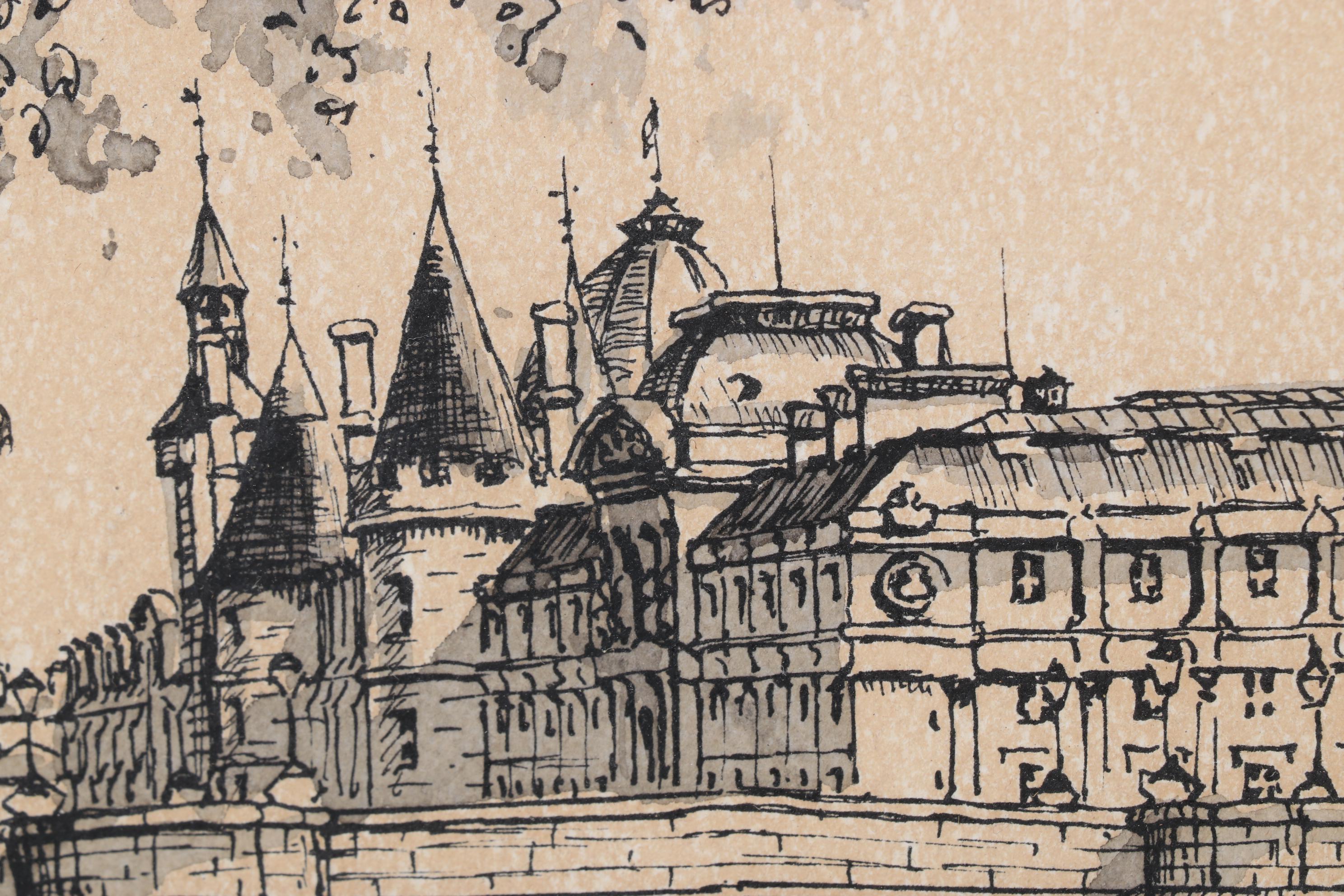 Waterfront Landscape Ink and Watercolor Drawing "Paris," 1978