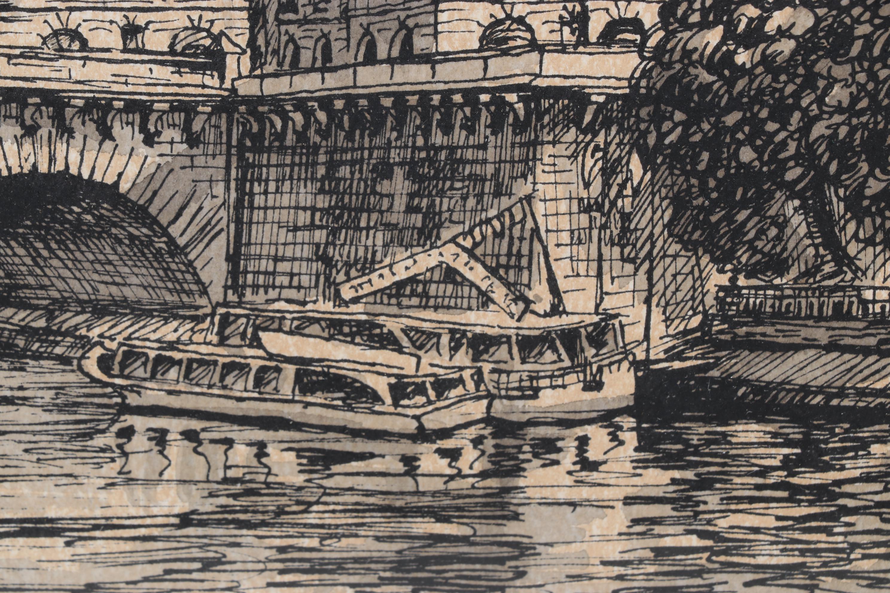 Waterfront Landscape Ink and Watercolor Drawing "Paris," 1978