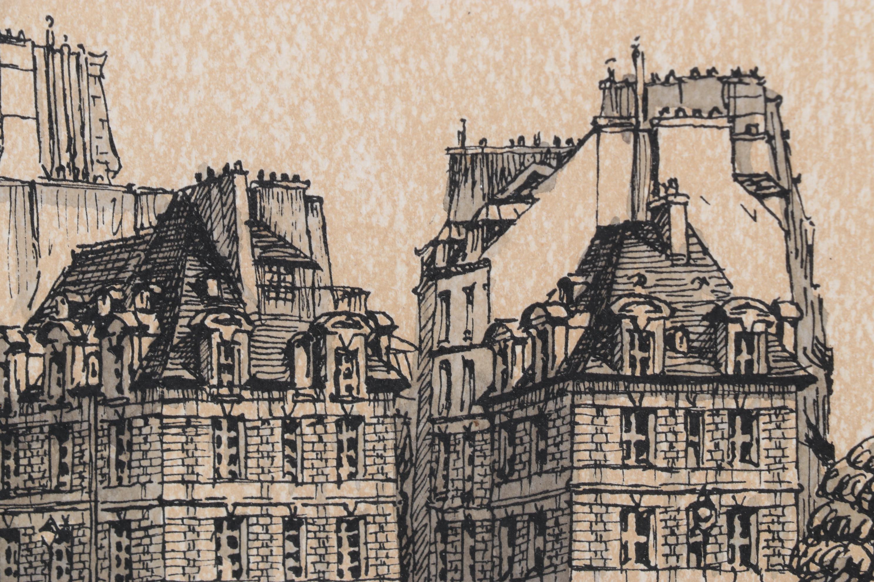 Waterfront Landscape Ink and Watercolor Drawing "Paris," 1978