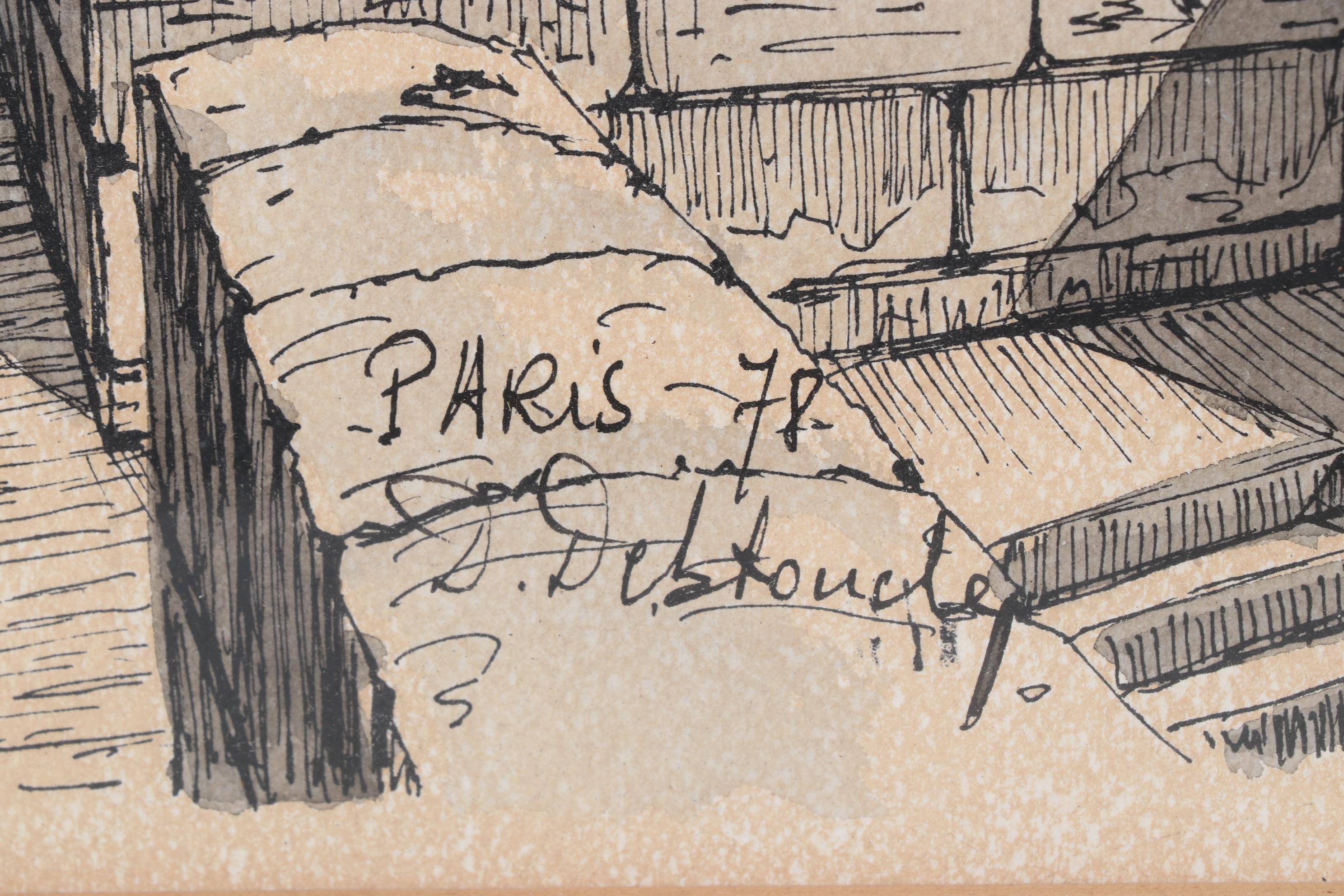 Waterfront Landscape Ink and Watercolor Drawing "Paris," 1978