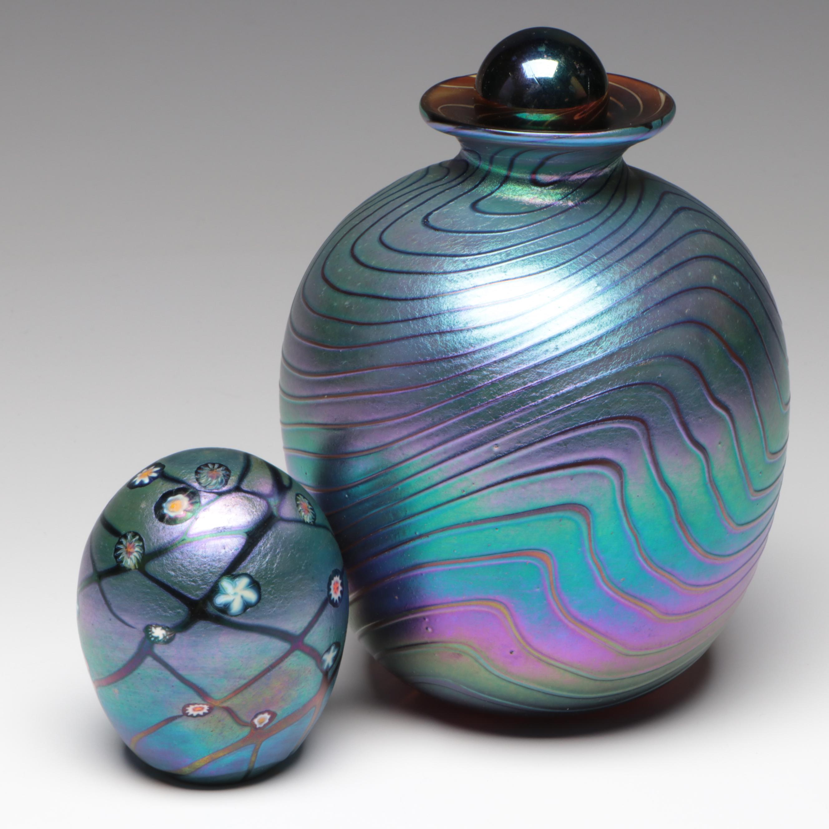 Bruce Freund Art Glass Iridescent Vase, Paperweight with Murrine Work, 1996