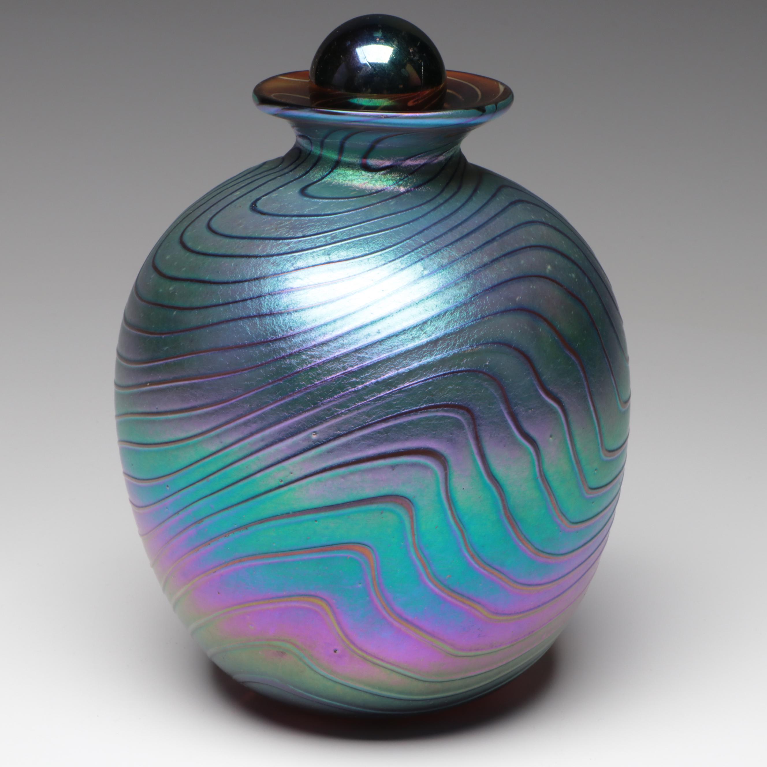 Bruce Freund Art Glass Iridescent Vase, Paperweight with Murrine Work, 1996