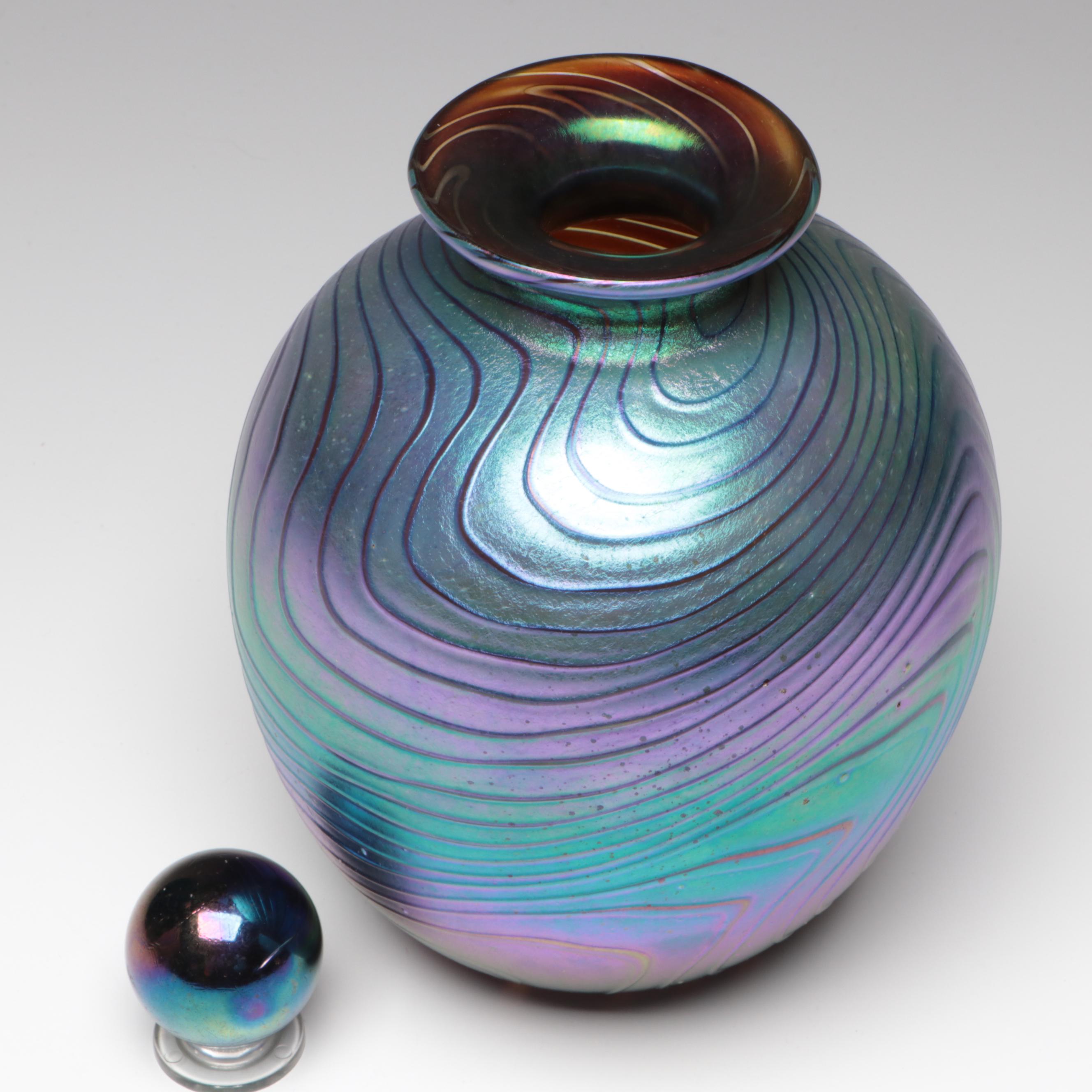 Bruce Freund Art Glass Iridescent Vase, Paperweight with Murrine Work, 1996