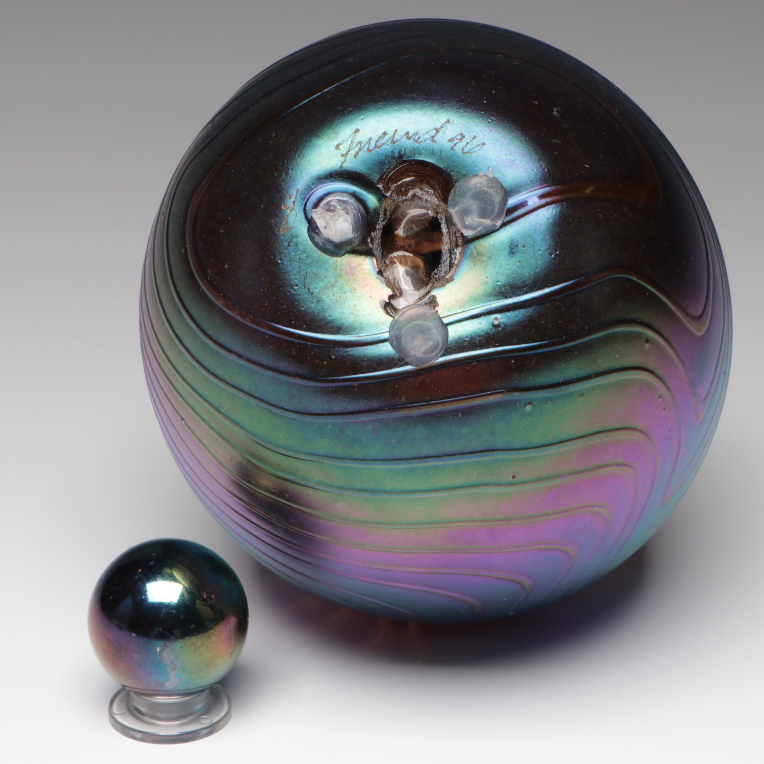 Bruce Freund Art Glass Iridescent Vase, Paperweight with Murrine Work, 1996